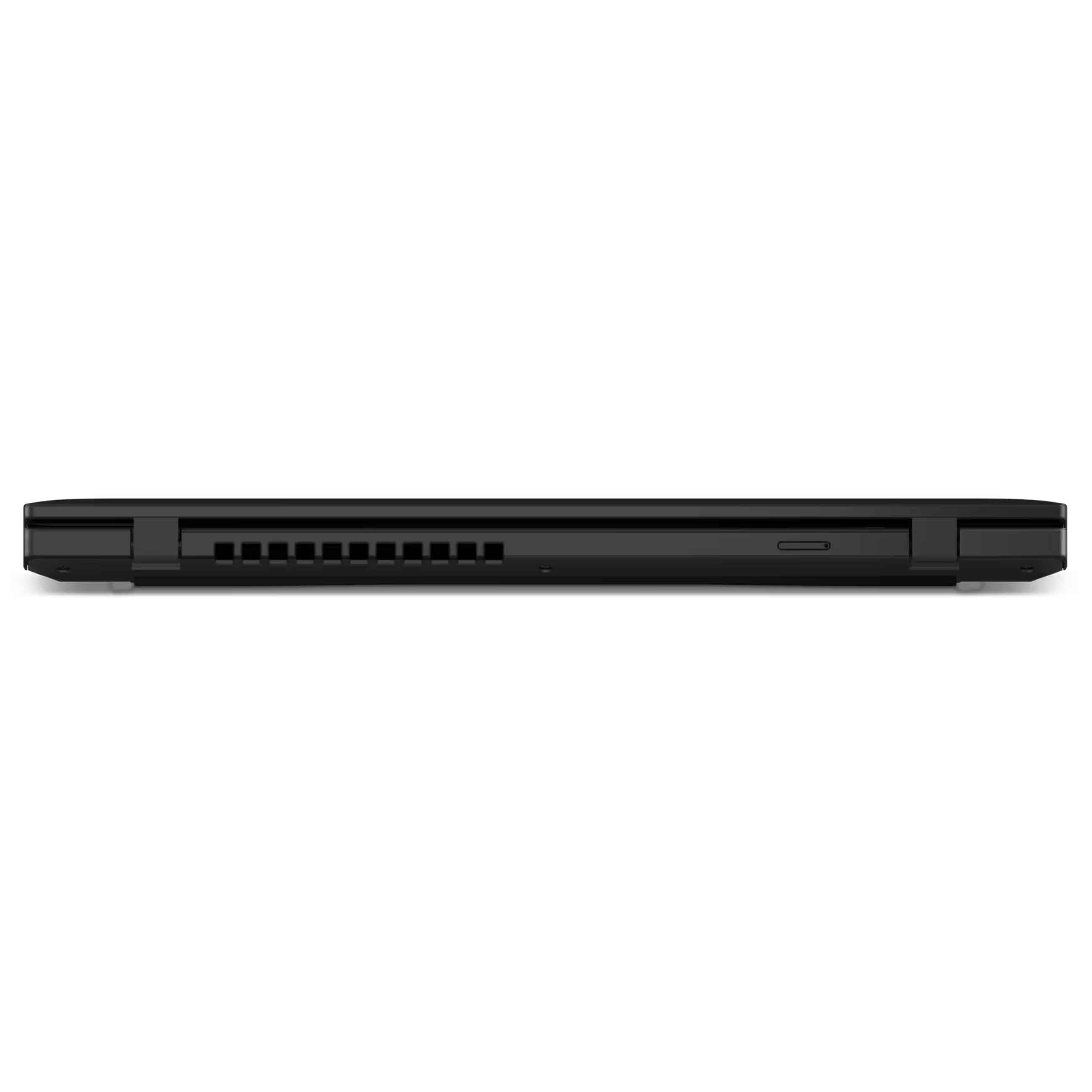 Rückansicht eines geschlossenen schwarzen Laptops mit Lüftungsschlitzen.