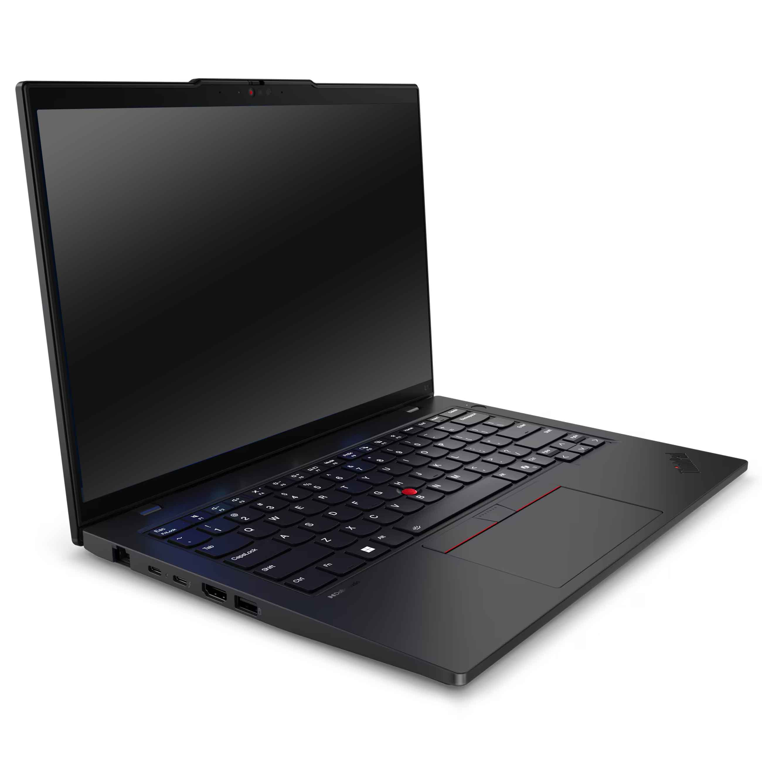 Ein offener schwarzer Laptop steht auf einer weißen Oberfläche und zeigt den Bildschirm und die Tastatur.