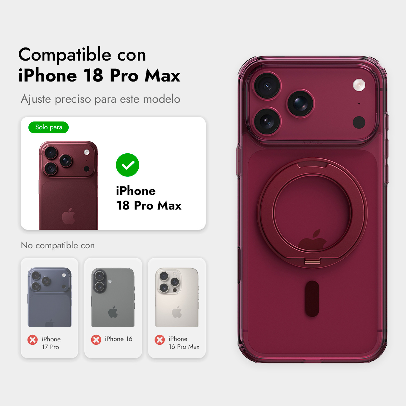 Funda protectora roja para iPhone 18 Pro Max con módulo de cámara y anillo MagSafe, tabla de compatibilidad.