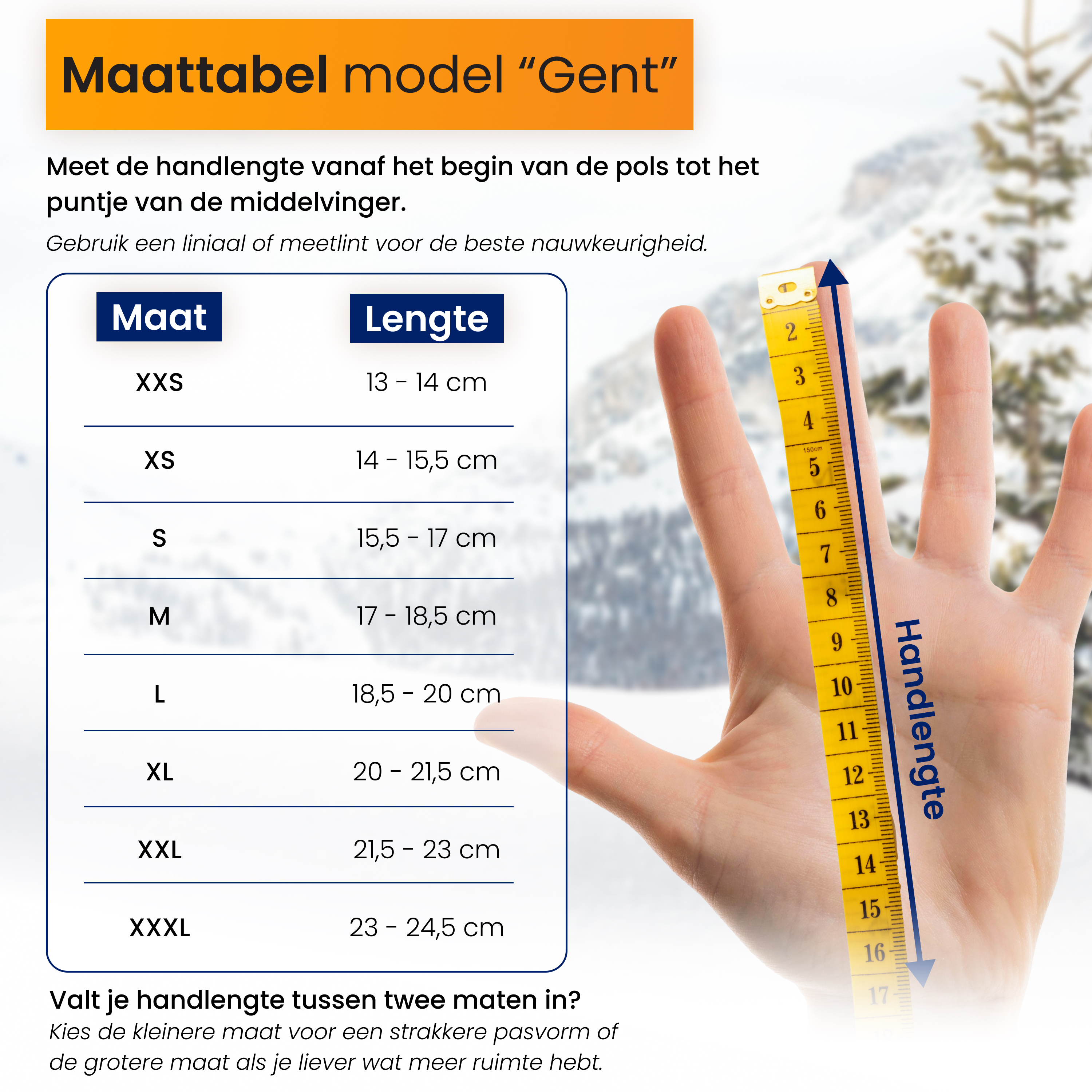 Glove size chart showing a hand being measured with a yellow tape measure.