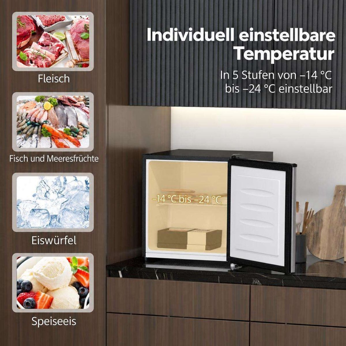 Kleine Gefriertruhe auf einer Küchentheke mit Beispielfotos für Fleisch, Fisch, Eiswürfel und Speiseeis.