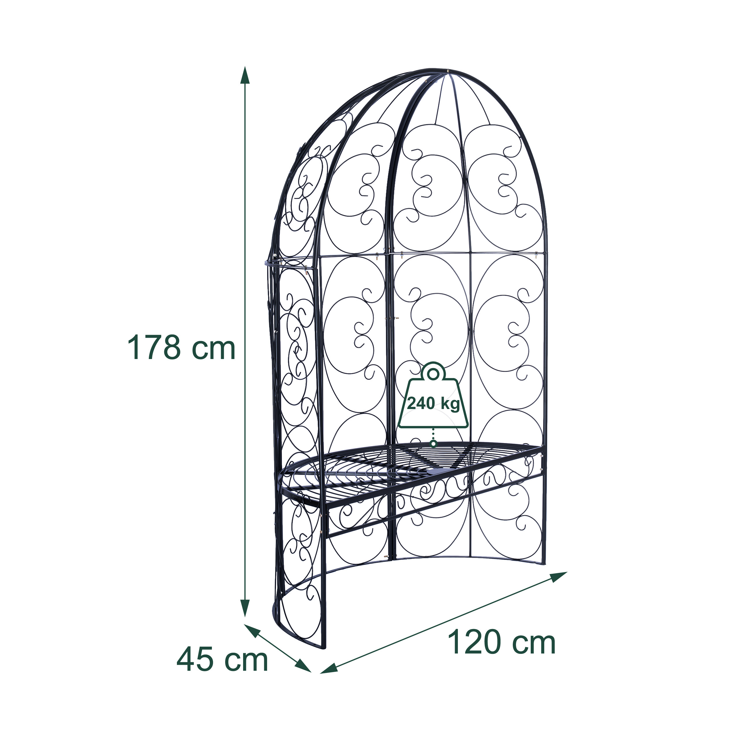 Schwarze Metall-Gartenbank mit bogenförmigem Rankgitter, 178x120x45 cm, mit Belastungsangabe 240 kg.