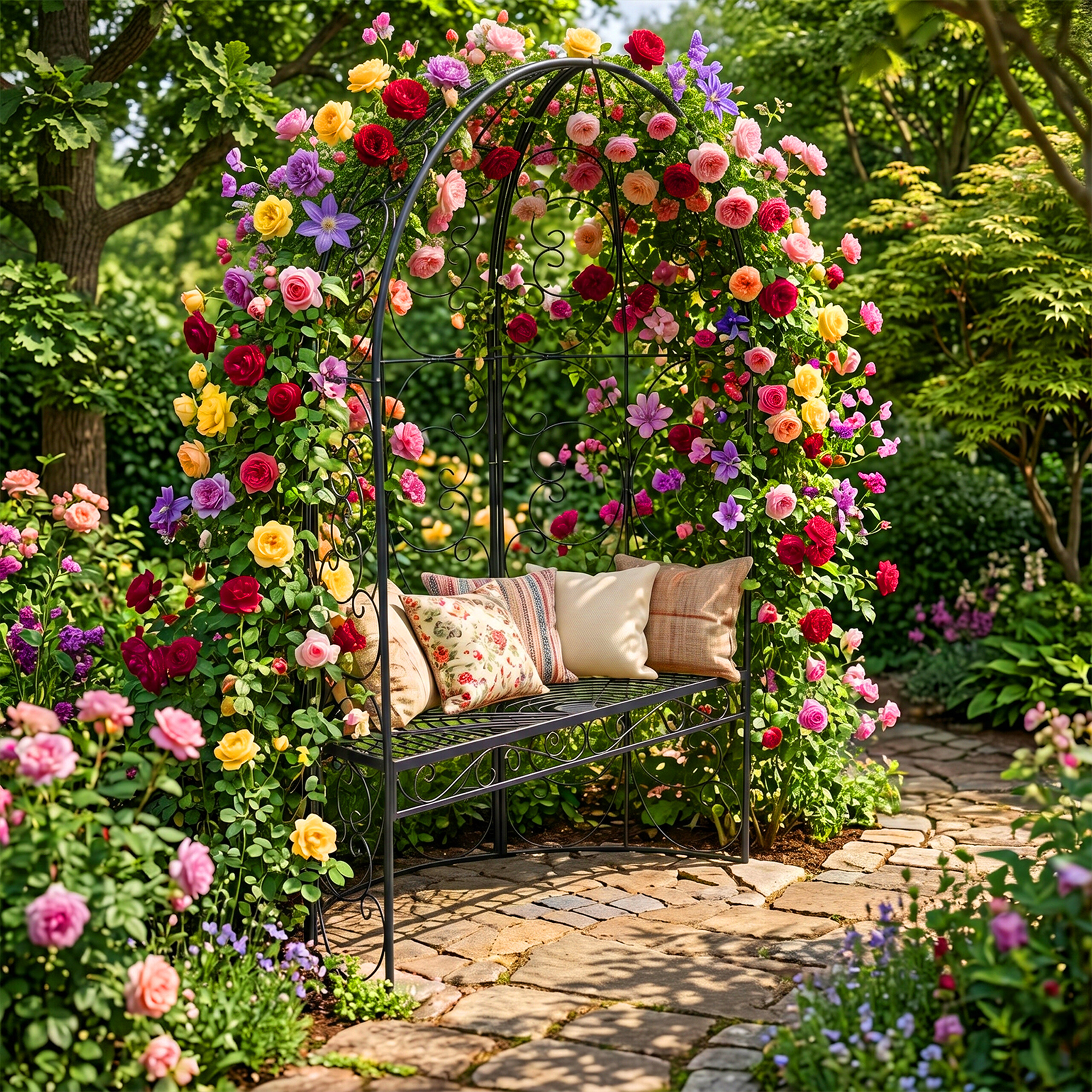 Eine schwarze Metallbank mit Kissen unter einem mit bunten Rosen bedeckten Bogen im Garten.
