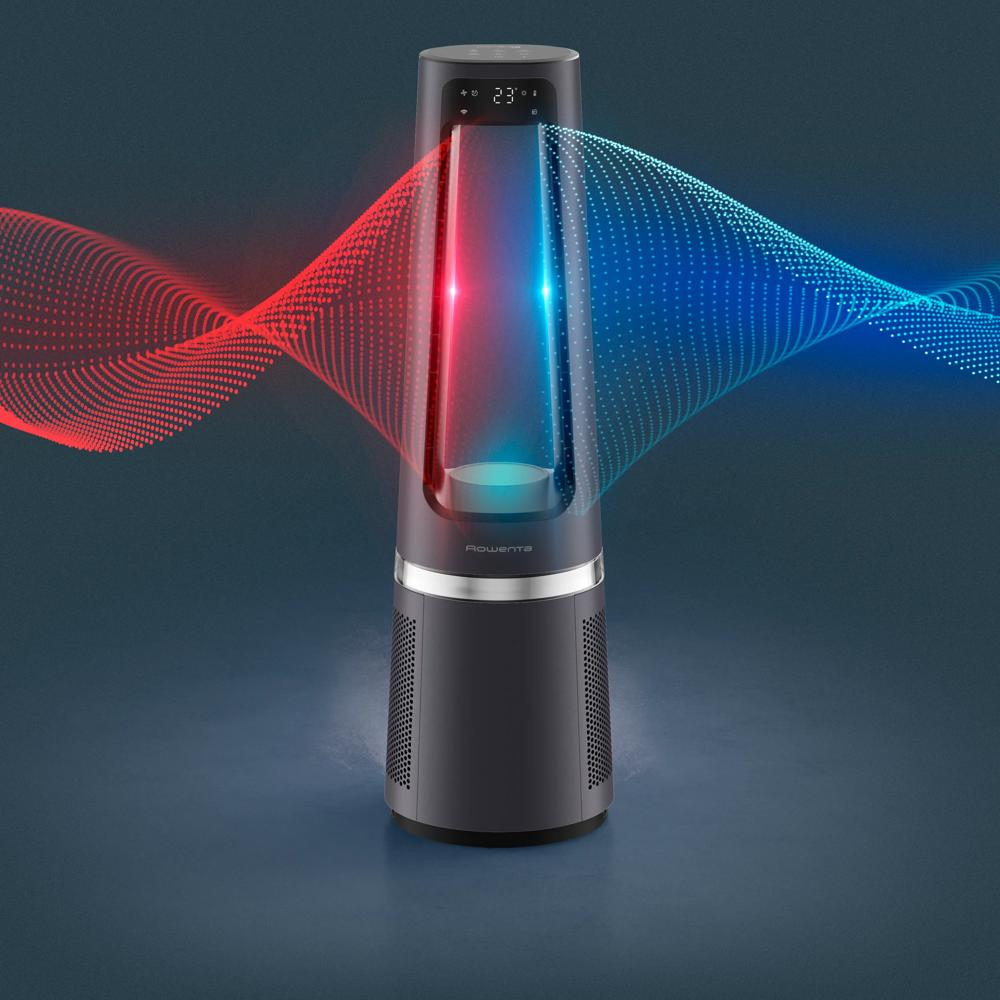 Moderner grauer Rowenta-Turmventilator mit roten und blauen Wellenlinien auf dunklem Hintergrund.