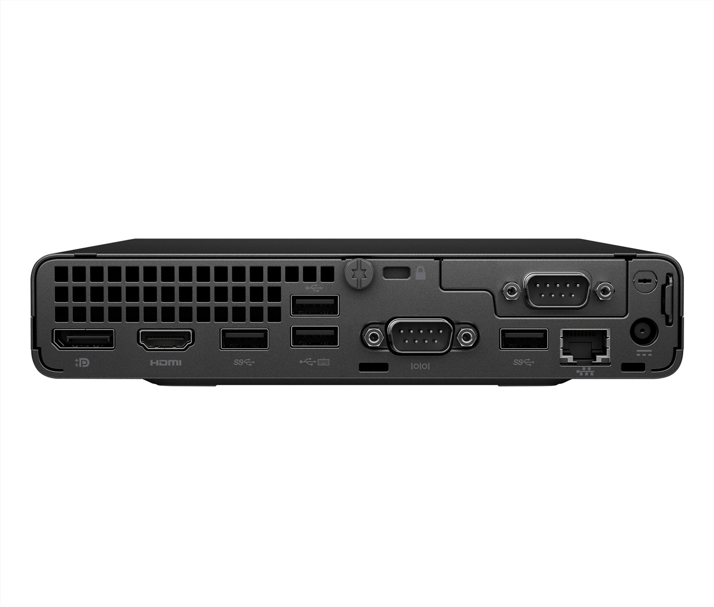 Vista posteriore di un mini PC nero con varie porte, tra cui HDMI, DisplayPort, USB ed Ethernet.
