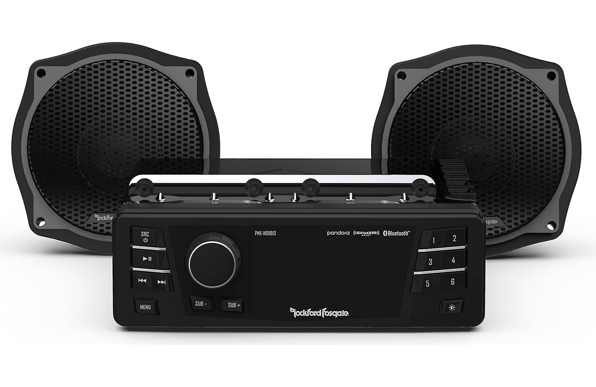 Schwarzes Rockford Fosgate Autoradio mit zwei großen Lautsprechern auf weißem Hintergrund.