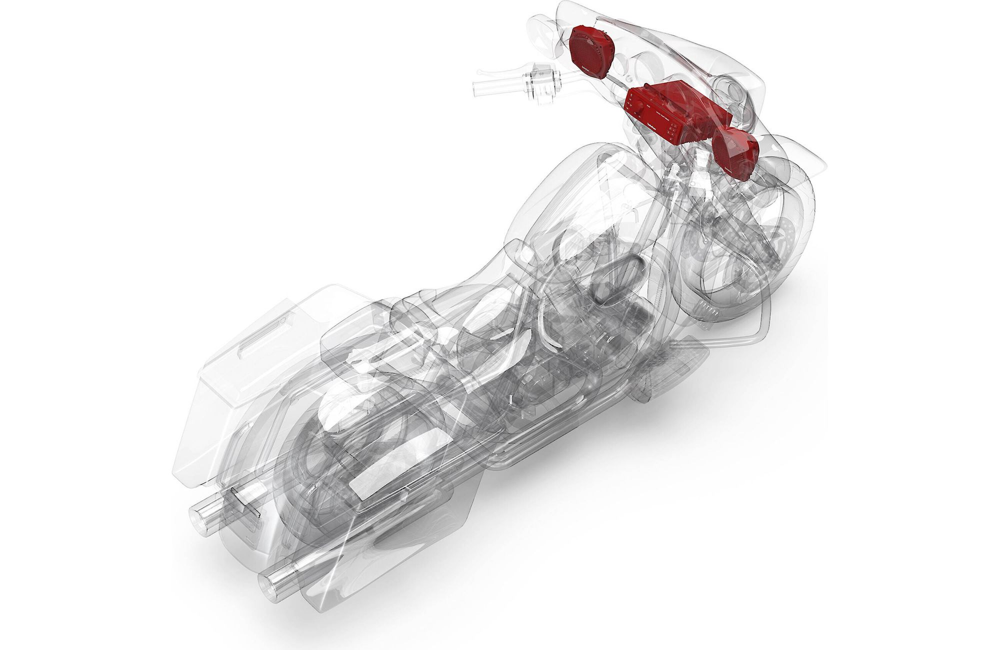 Transparenter Drahtmodell eines Motorrads mit hervorgehobenen roten Audiokomponenten im Armaturenbrett.