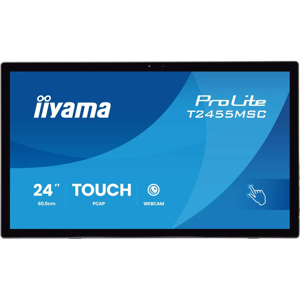 24-calowy monitor dotykowy iiyama ProLite z niebieskim interfejsem i wbudowaną kamerą.