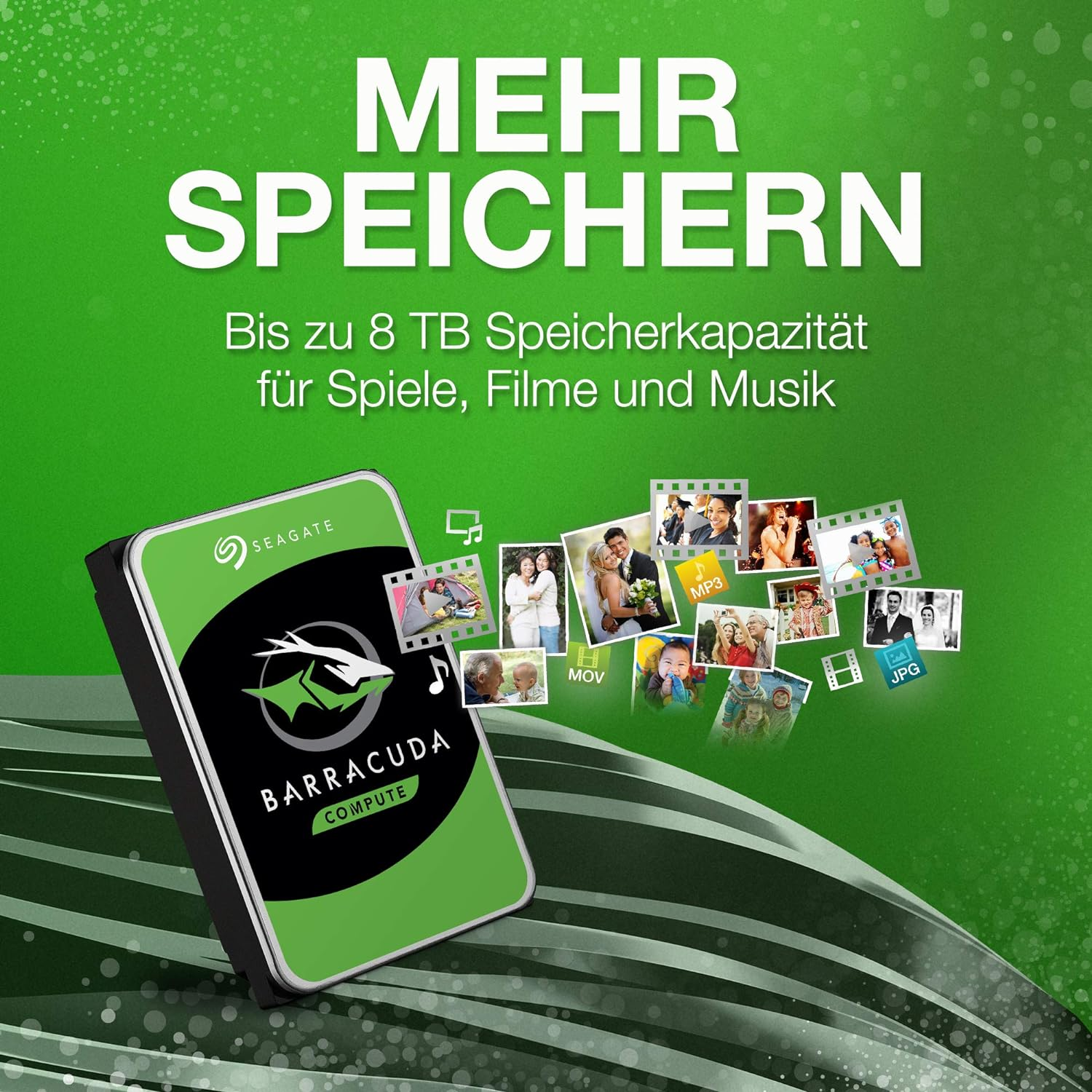 Seagate Barracuda Festplatte auf grünem Hintergrund mit herausfließenden Fotos.