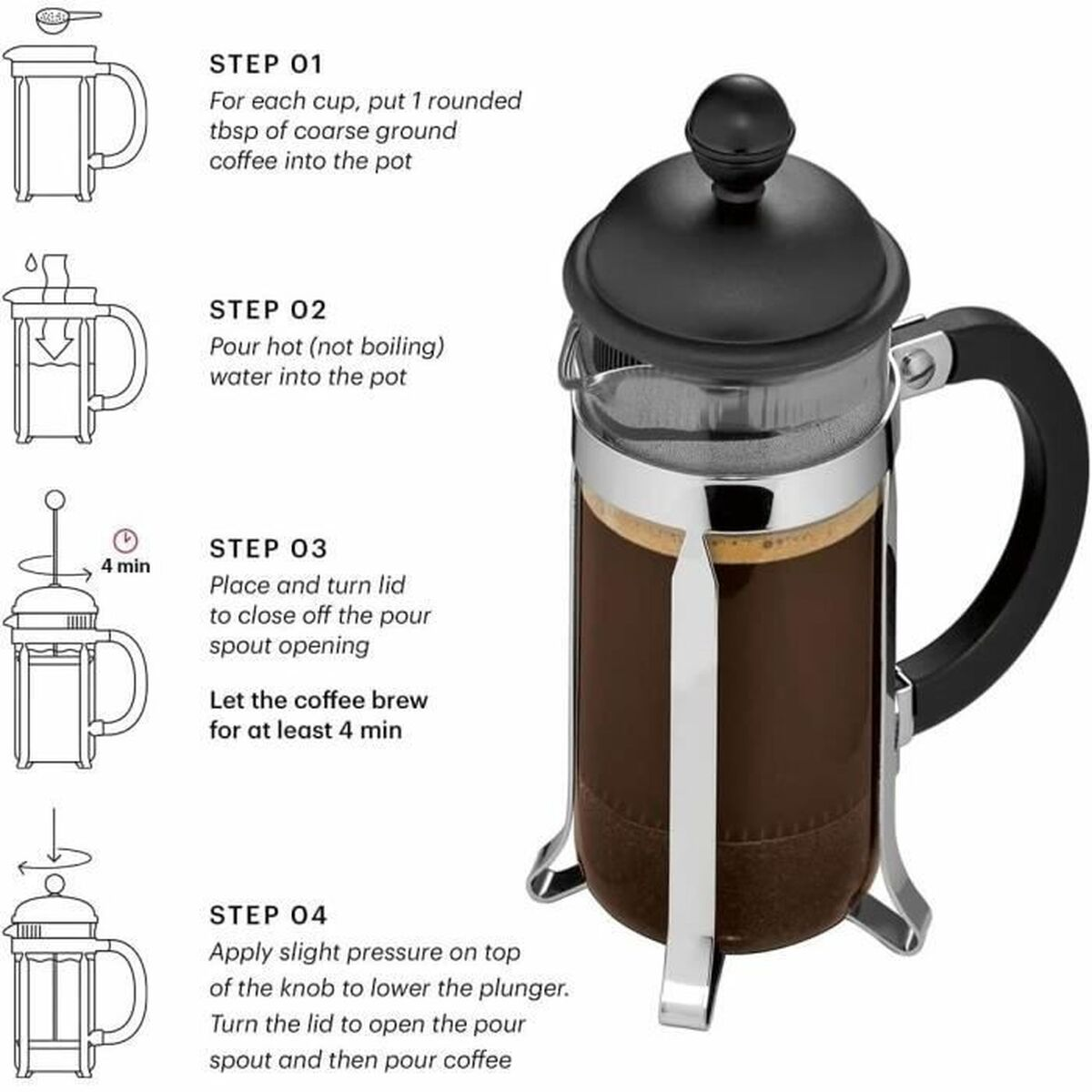 Eine French Press Kaffeemaschine mit Anweisungen in vier Schritten links.