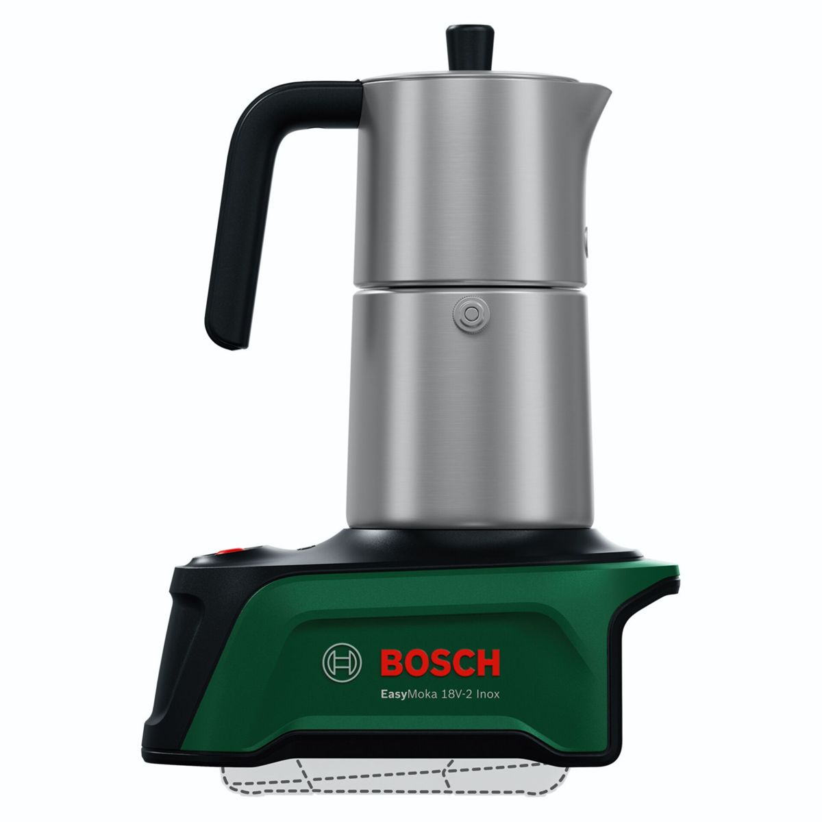 Eine Bosch EasyMoka 18V-2 Inox Akku-Espressokanne auf einer grün-schwarzen Basis.