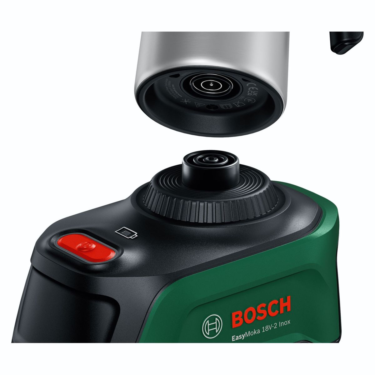 Ein Bosch EasyMoka 18V-2 Inox Kaffeebereiter wird auf die Basisstation gesetzt.
