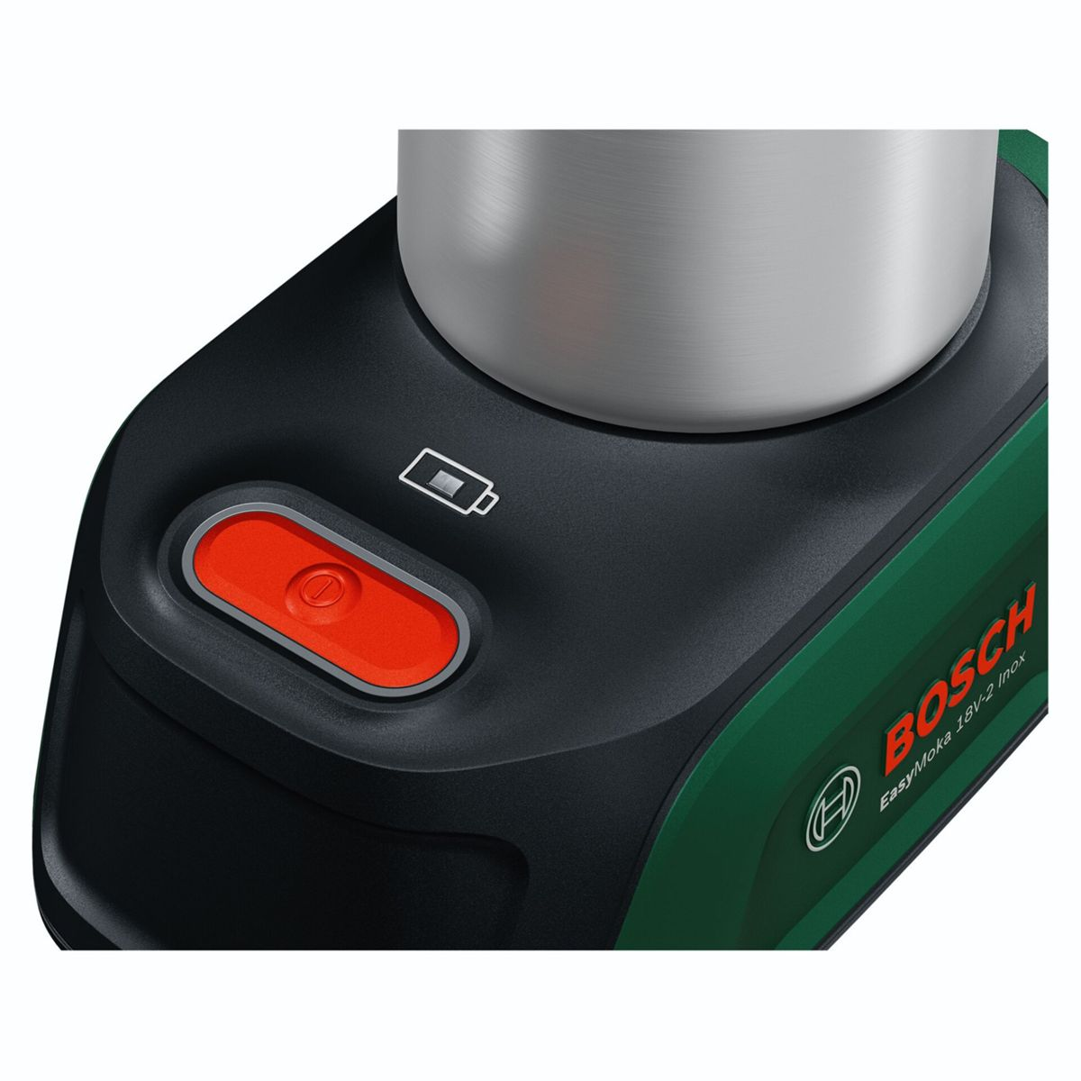 Nahaufnahme der schwarzen und grünen Bosch EasyMoka mit rotem Ein-Ausschalter und Batteriesymbol.