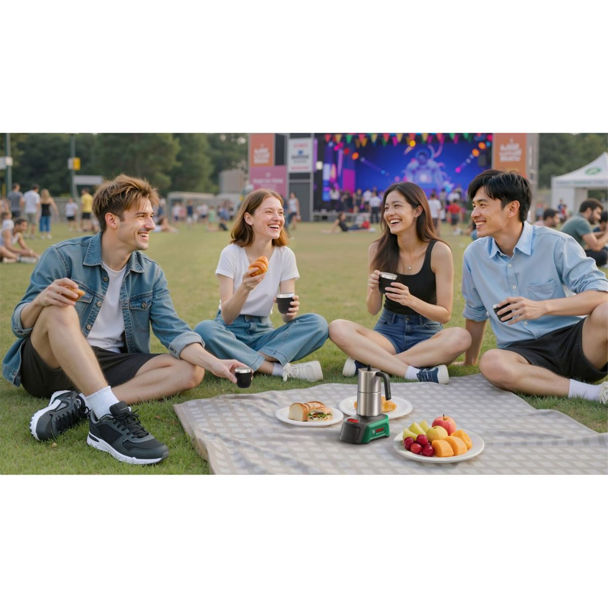 Vier Freunde sitzen auf einer Wiese, lachen und trinken aus kleinen Tassen vor einer Bühne.