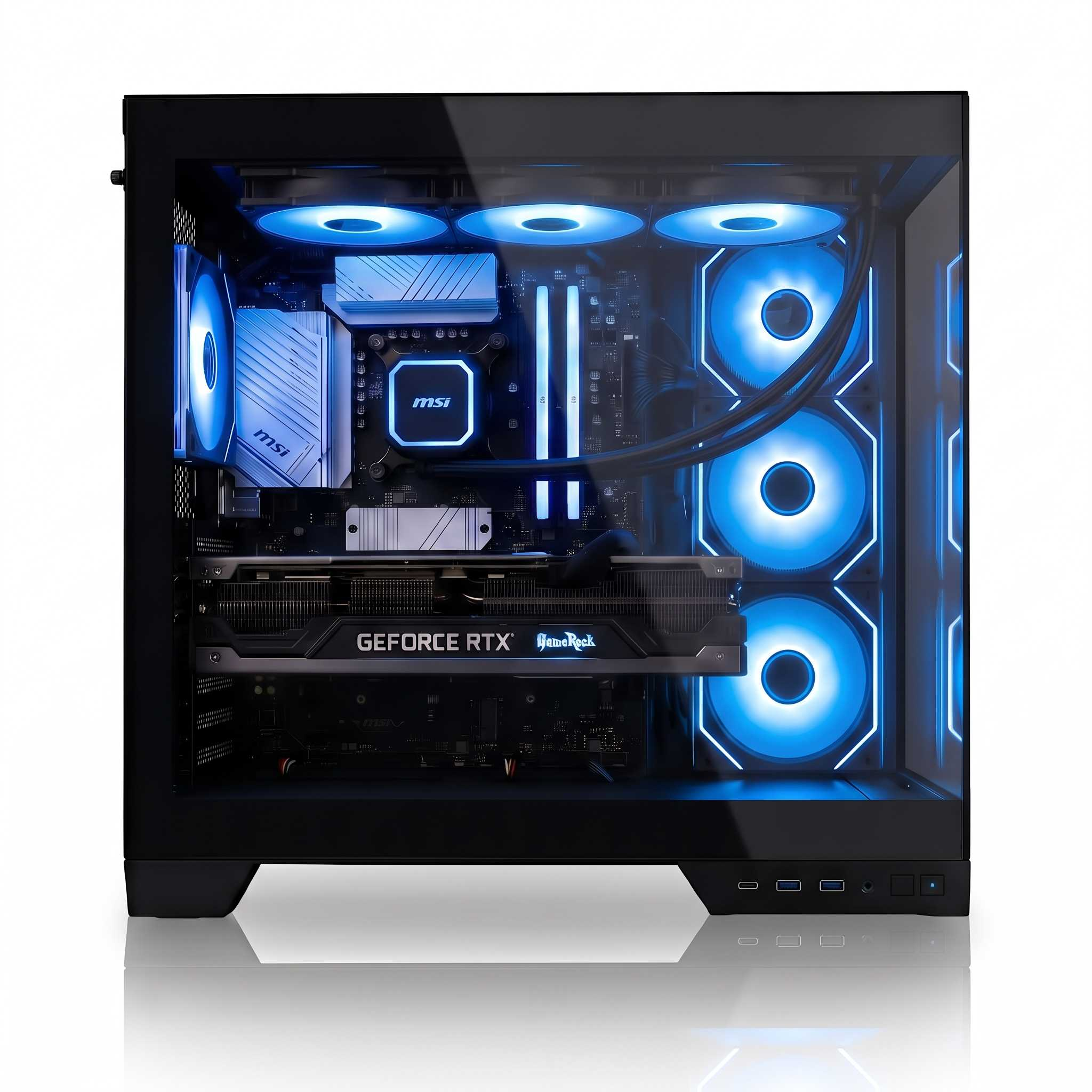 Ein Gaming-PC im schwarzen Gehäuse mit leuchtend blauen Lüftern, MSI-Komponenten und einer GeForce RTX-Grafikkarte.