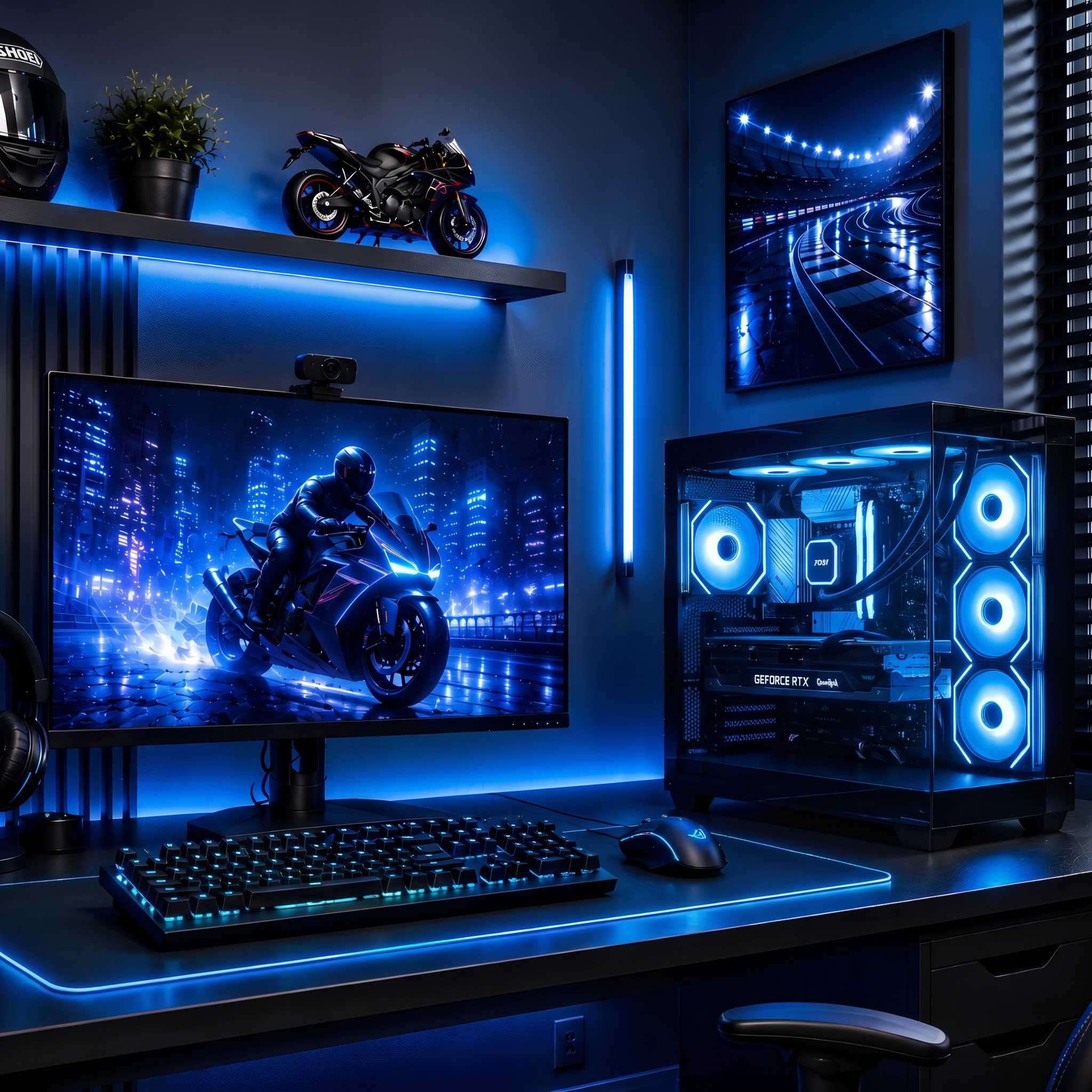 Gaming-Setup mit Monitor, Tastatur und PC im blauen LED-Licht, mit Motorrad-Dekor.