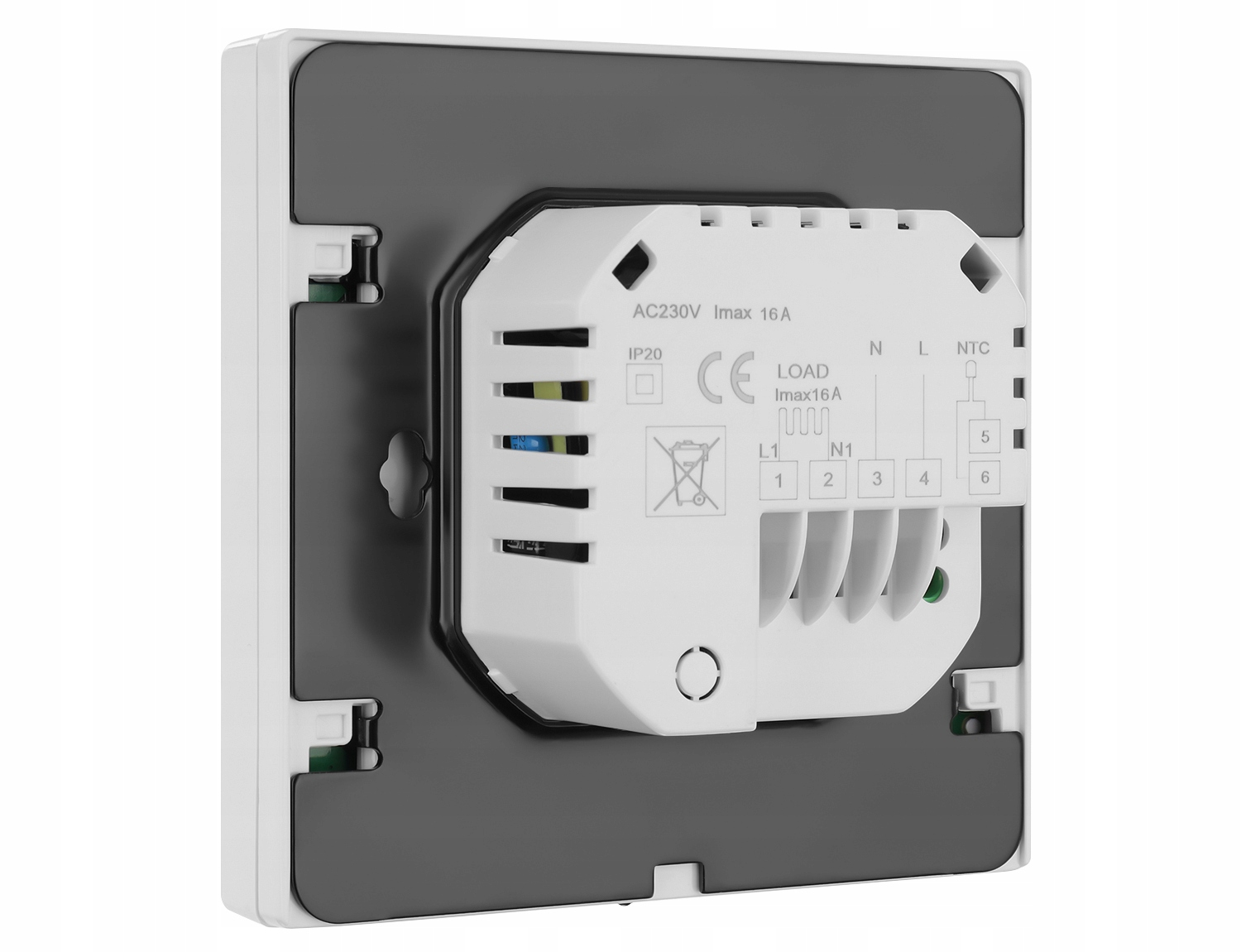 Tylna strona białego termostatu elektronicznego pokazuje zaciski śrubowe i specyfikacje.