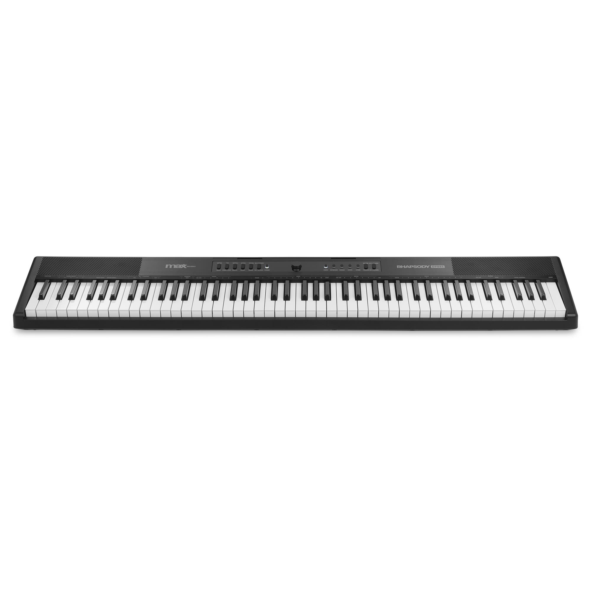 Ein schwarzes Max Music Digitalpiano mit 88 Tasten und integrierten Lautsprechern auf weißem Hintergrund.