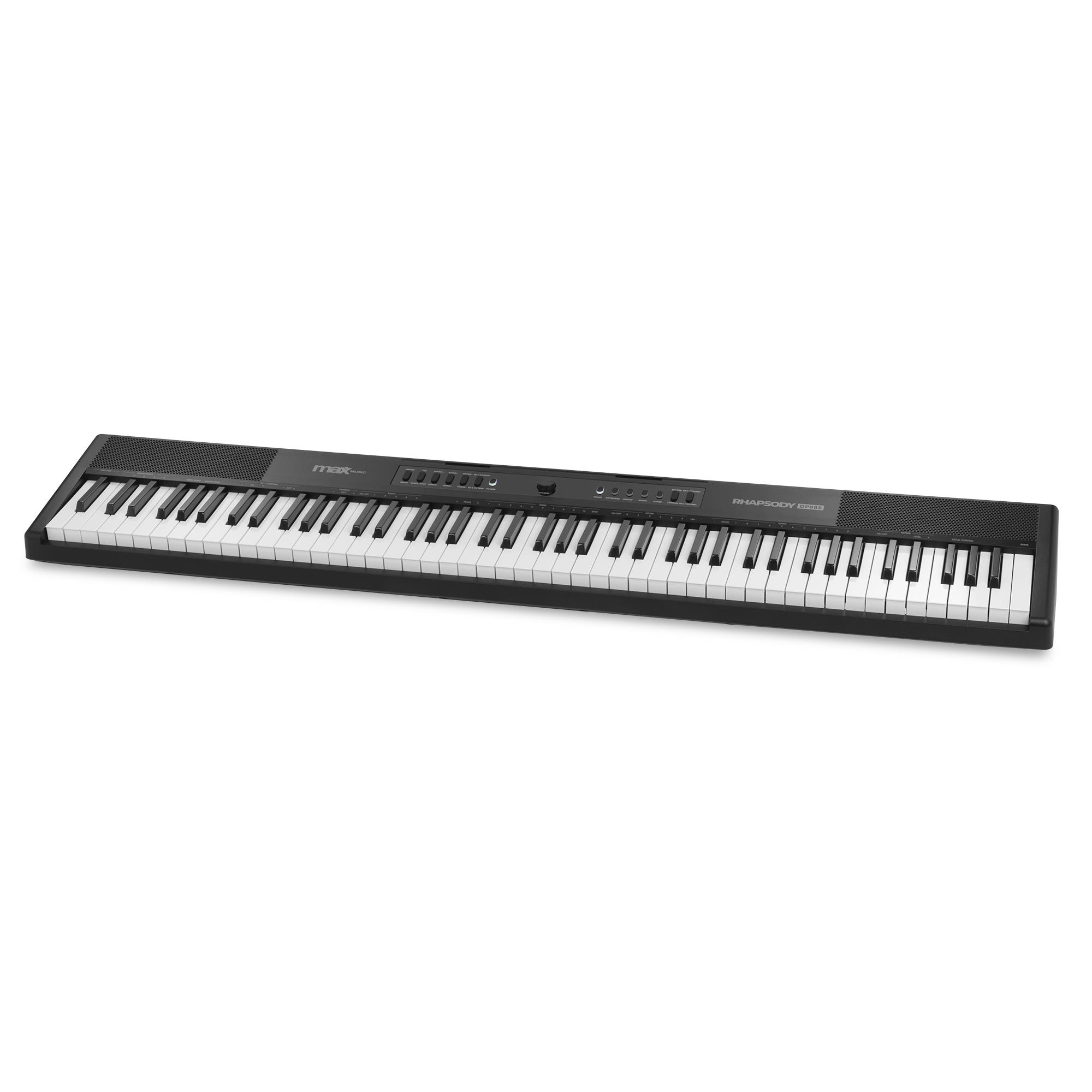 Ein schwarzes Max Music DP88S Digitalpiano mit 88 Tasten und integrierten Lautsprechern auf weißem Hintergrund.