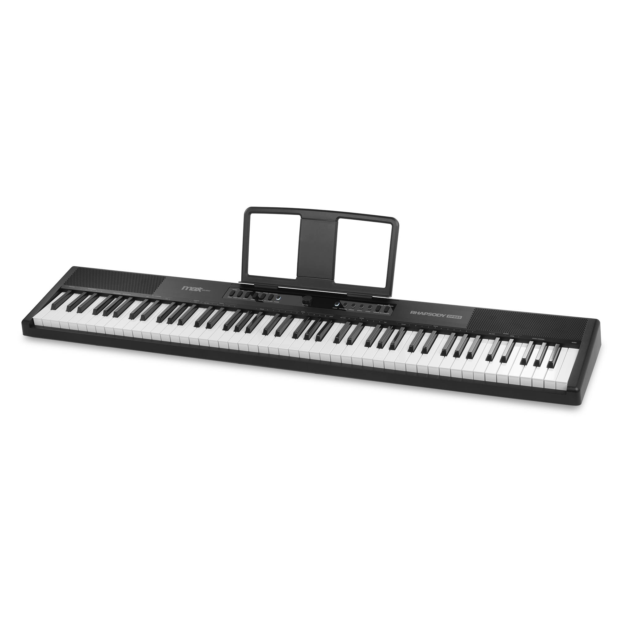 Ein schwarzes Max Music Digitalpiano mit 88 Tasten und Notenständer auf weißem Hintergrund.