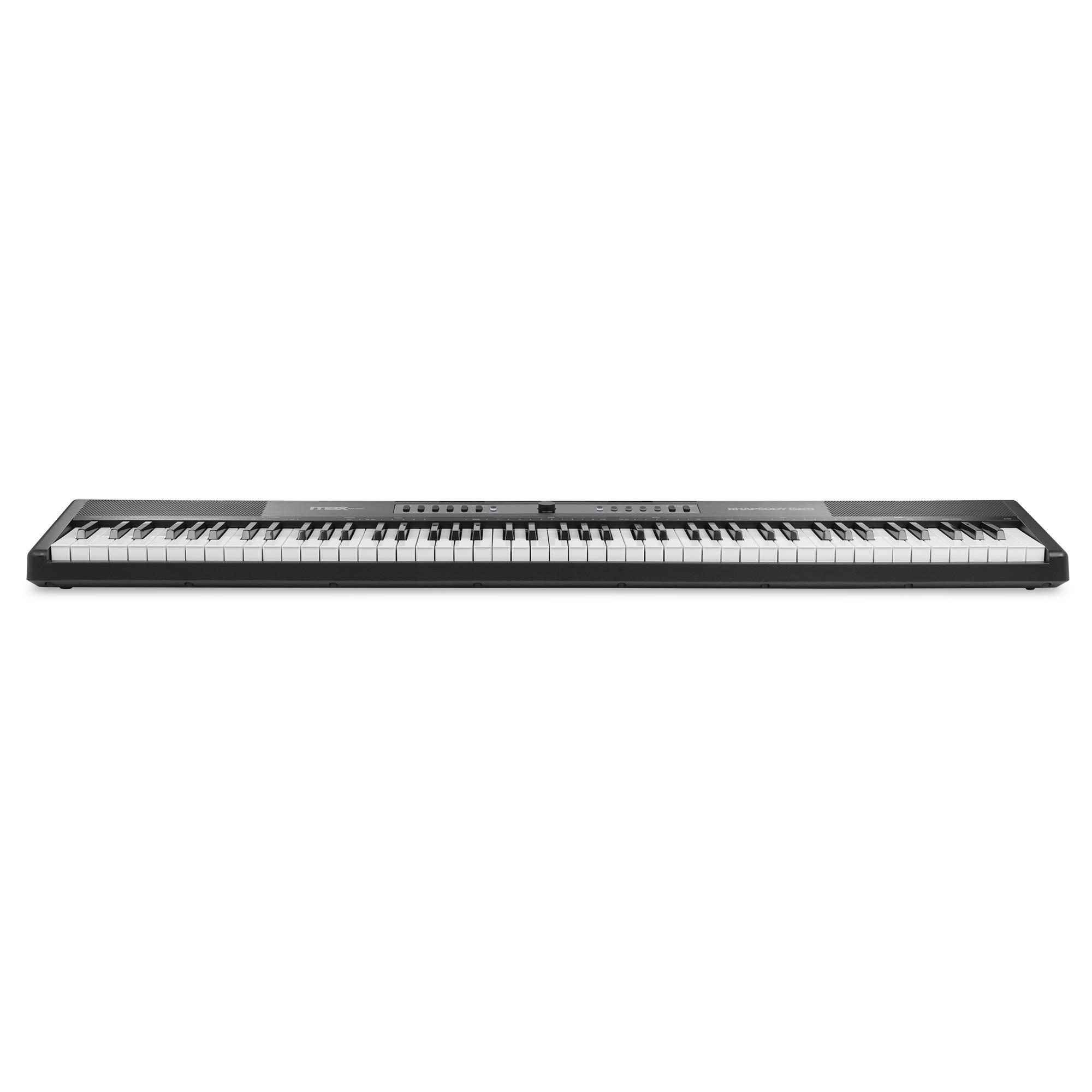 Ein langes schwarzes Digitalpiano mit weißen und schwarzen Tasten auf weißem Hintergrund.