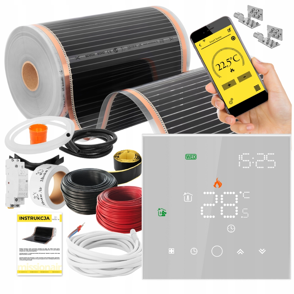 Rolka folii grzewczej, termostat cyfrowy, smartfon z aplikacją, kable i akcesoria do montażu.