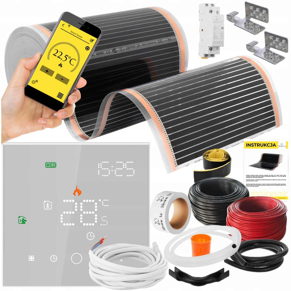 Folia grzewcza ze smartfonem, termostatem i akcesoriami montażowymi.