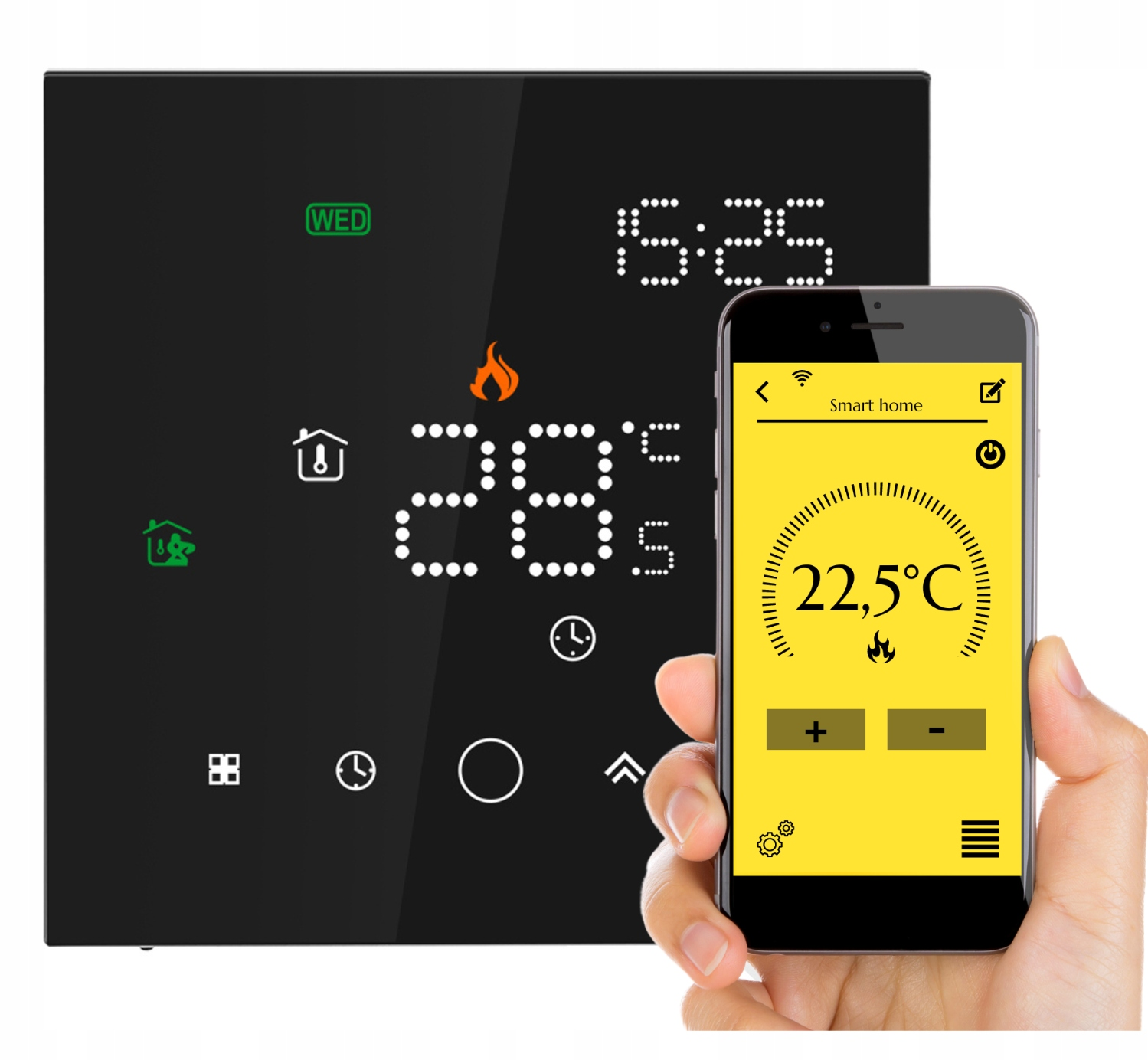 Ręka trzyma smartfon z aplikacją obok czarnego termostatu domowego.