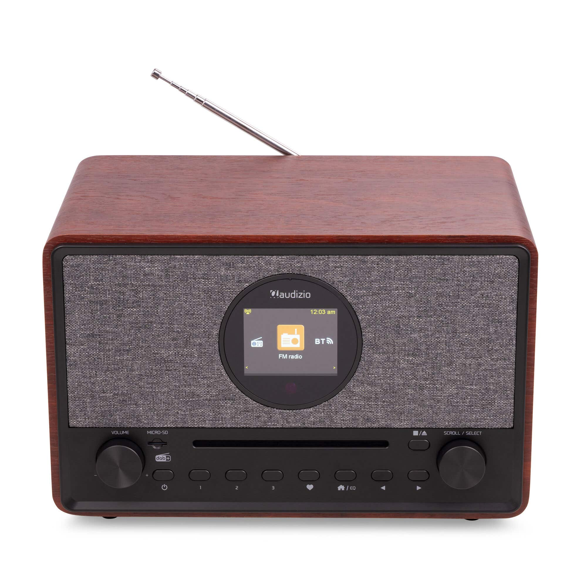 Holzfarbenes Audizio Radio mit Display, CD-Schlitz, Antenne und Bedienelementen.