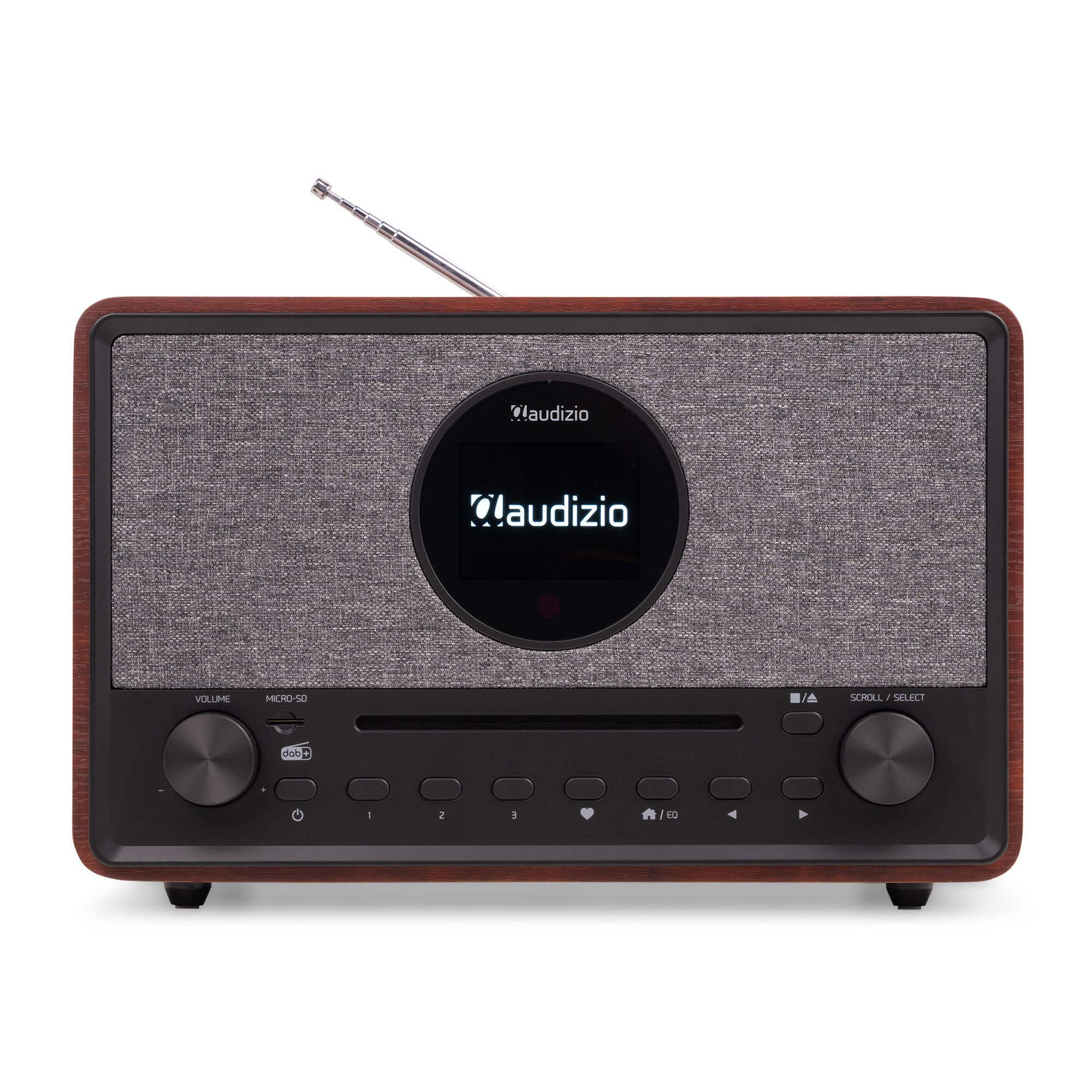 Ein retro-artiges Audizio Radio mit Holzgehäuse, grauer Stofffront, runder LCD-Anzeige und Metallantenne auf weißem Grund.