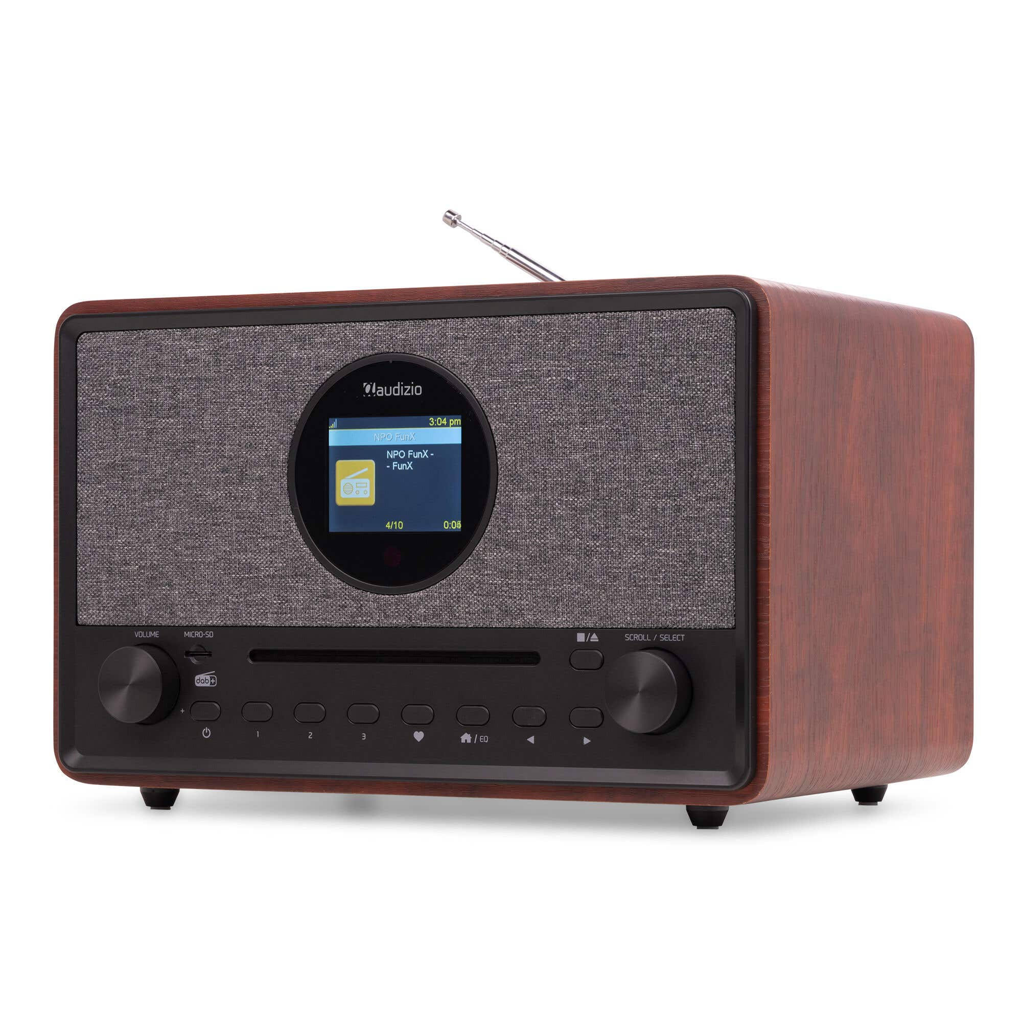 Ein Holzradio mit grauem Lautsprechergitter, Digitaldisplay, CD-Schlitz und Bedienknöpfen auf der schwarzen Frontplatte.