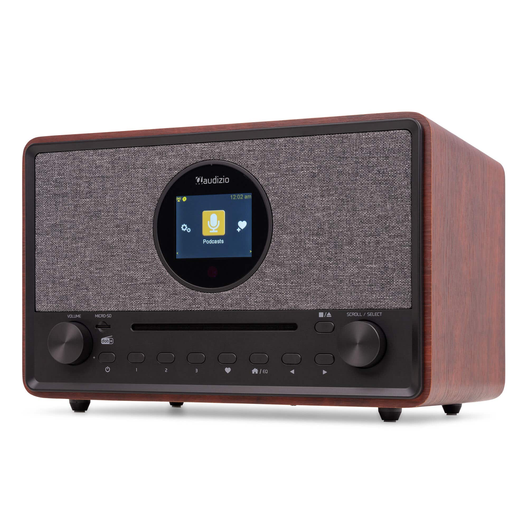 Retro-Holzradio mit grauer Stofffront, rundem Display und Bedienknöpfen auf weißem Hintergrund.