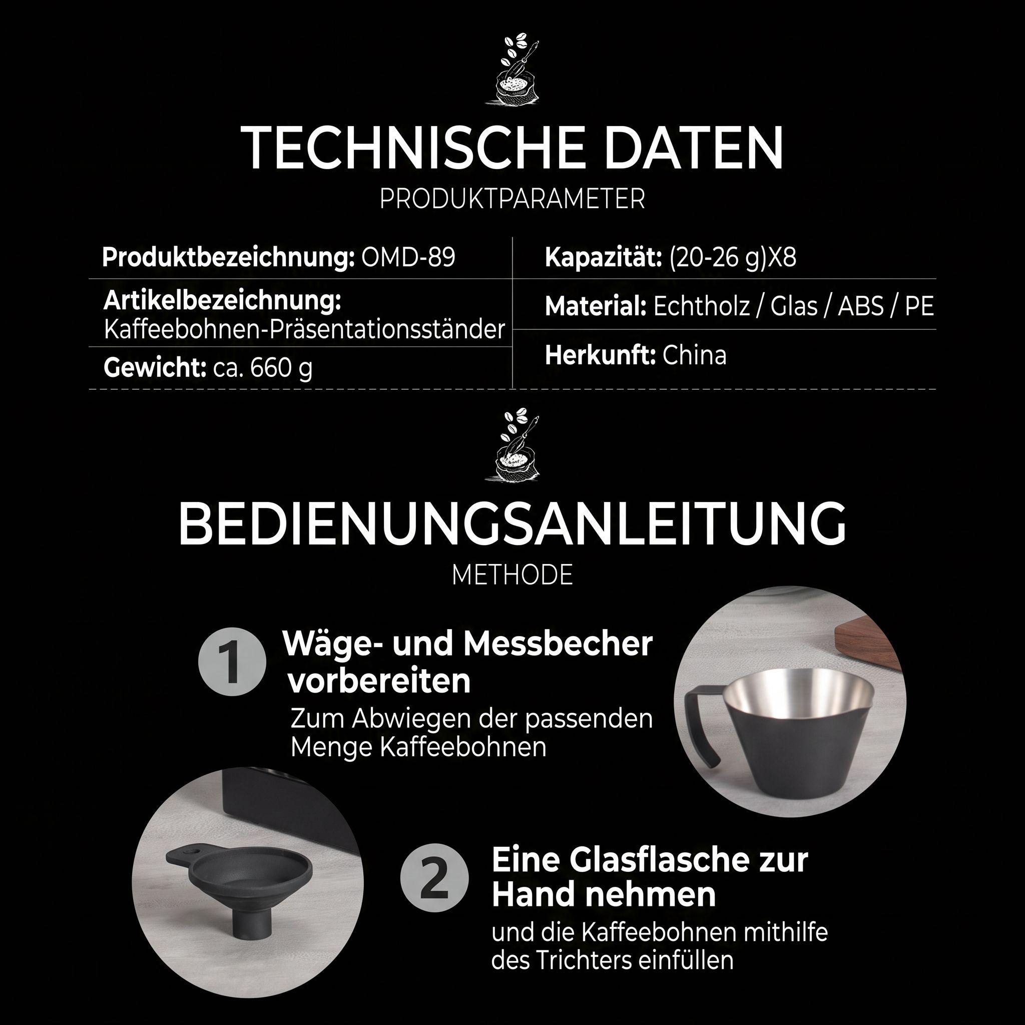 Technische Daten und Anleitung für Kaffeebohnen-Präsentationsständer mit Messbecher und Trichter auf schwarzem Grund.