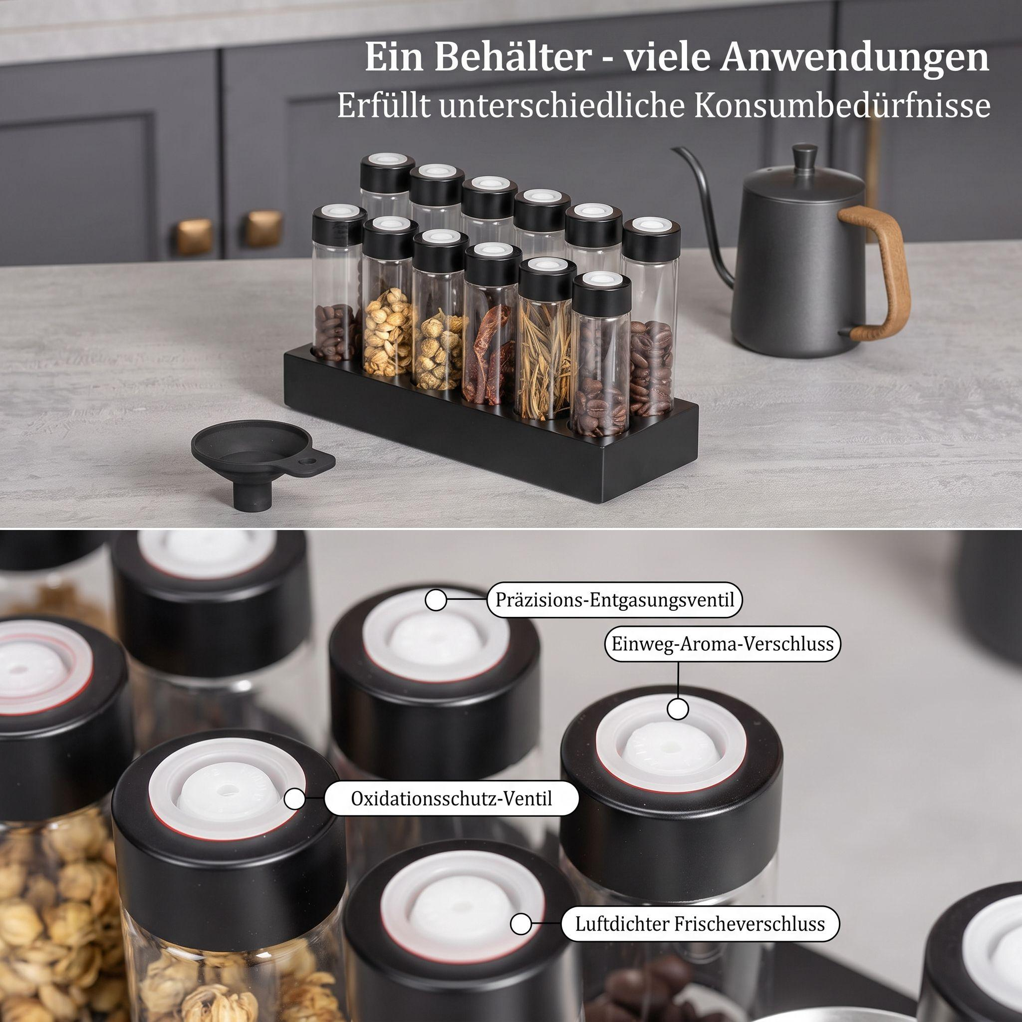 Glasgewürzgläser mit schwarzen Deckeln in einem Ständer, ein Trichter und deutsche Beschriftungen.