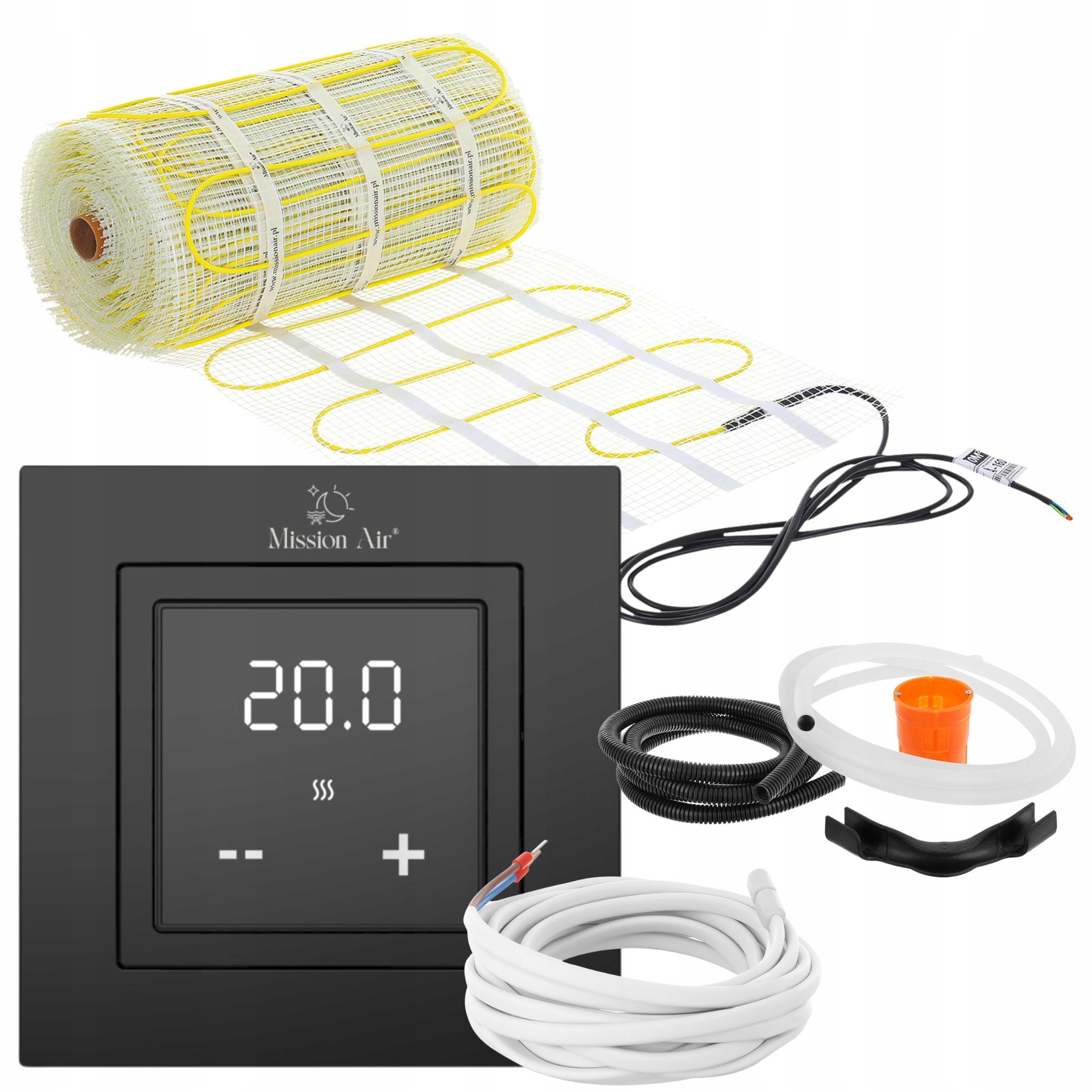 Zestaw ogrzewania podłogowego z cyfrowym termostatem, matą grzewczą, kablami i akcesoriami.