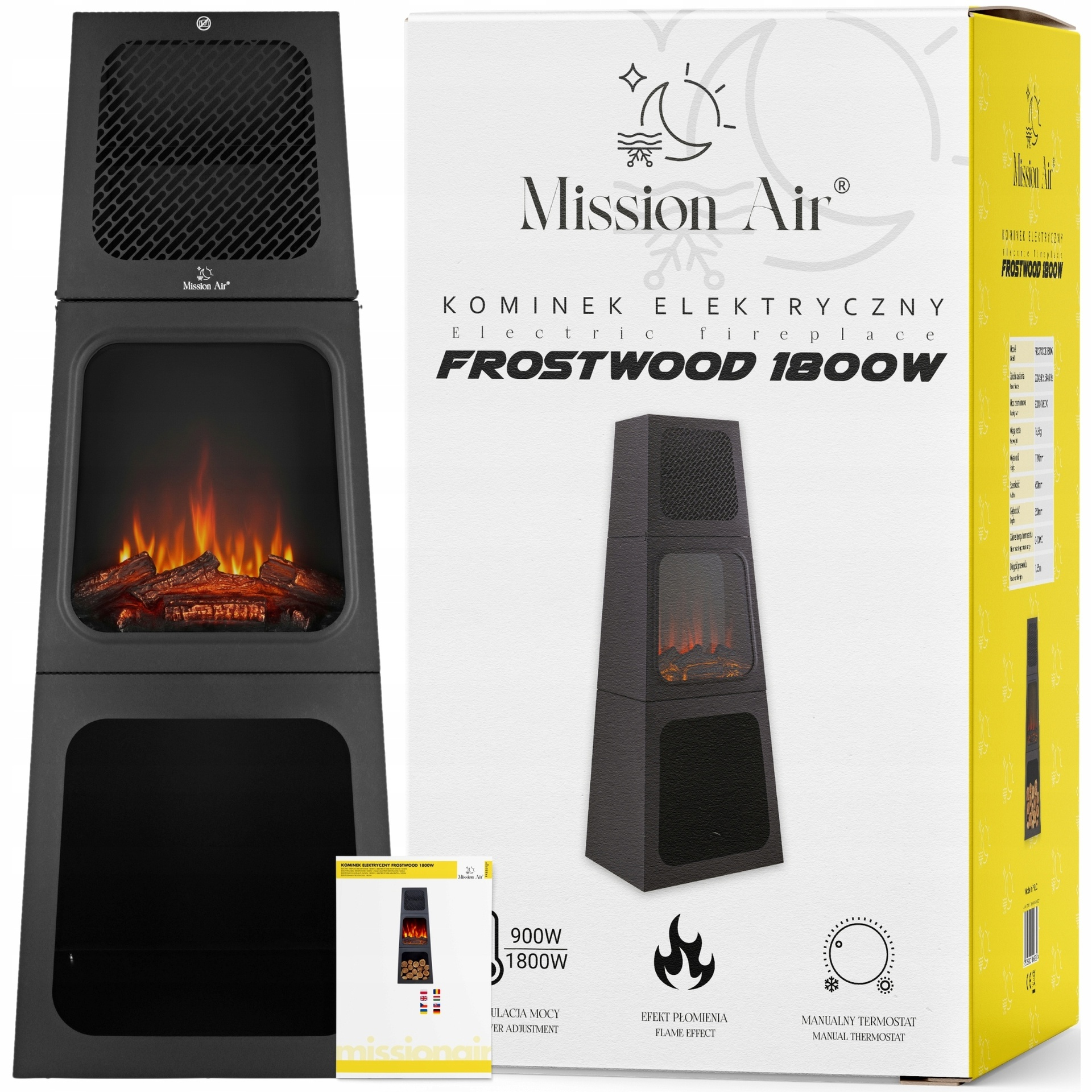 Czarny kominek elektryczny Mission Air Frostwood 1800W obok opakowania.