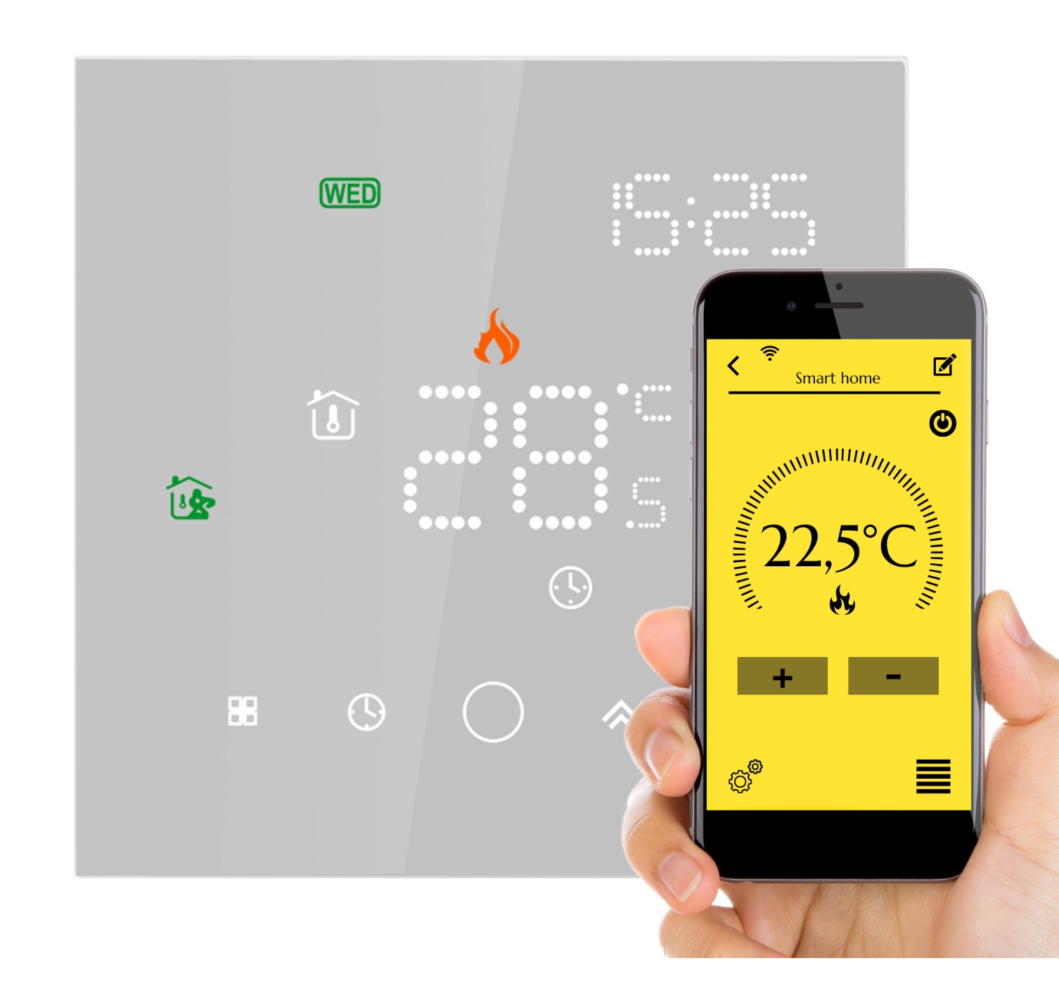 Ręka trzyma smartfon z aplikacją grzewczą przed cyfrowym termostatem.