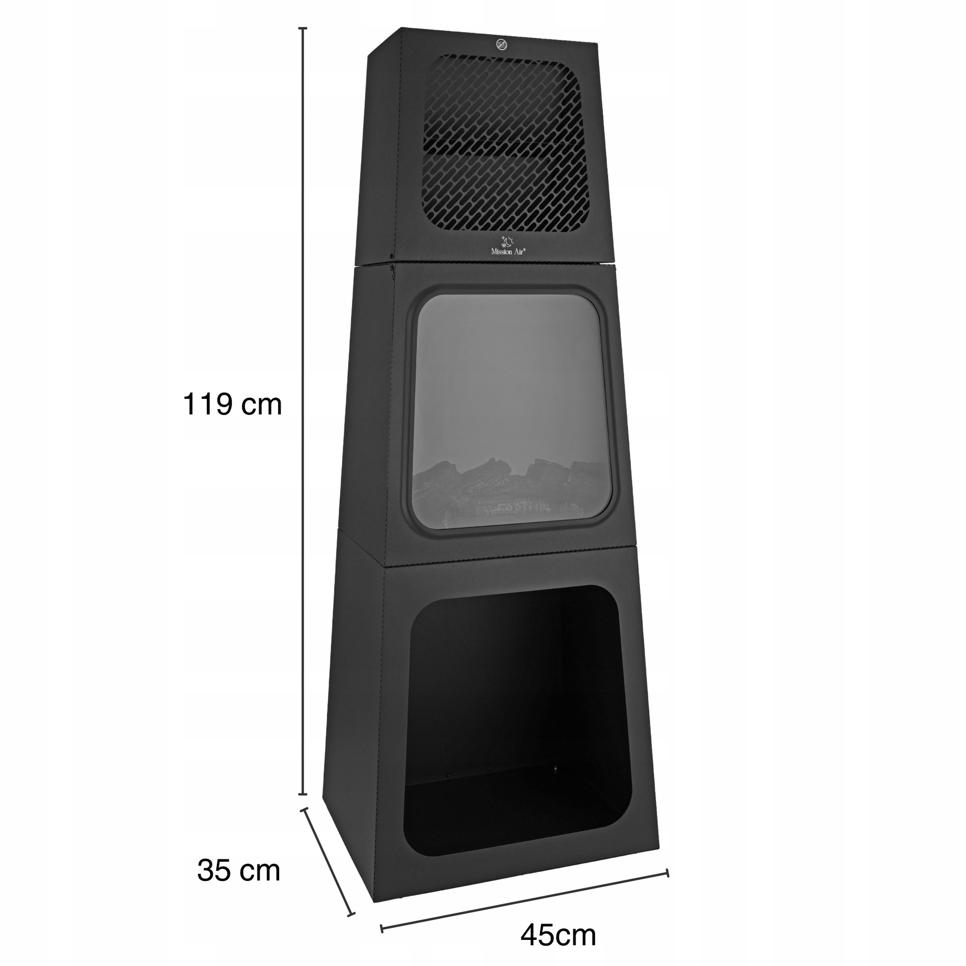 Czarny, wielosegmentowy kominek elektryczny o wymiarach 119x45x35 cm na białym tle.