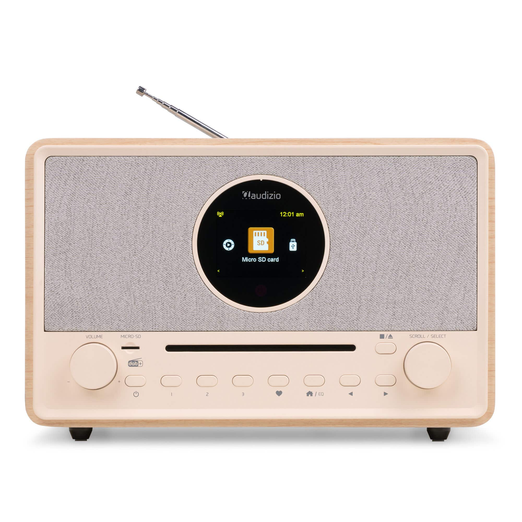 Ein beiges Audizio Digitalradio mit Holzrahmen, rundem Bildschirm, CD-Schlitz und Bedienknöpfen auf weißem Hintergrund.