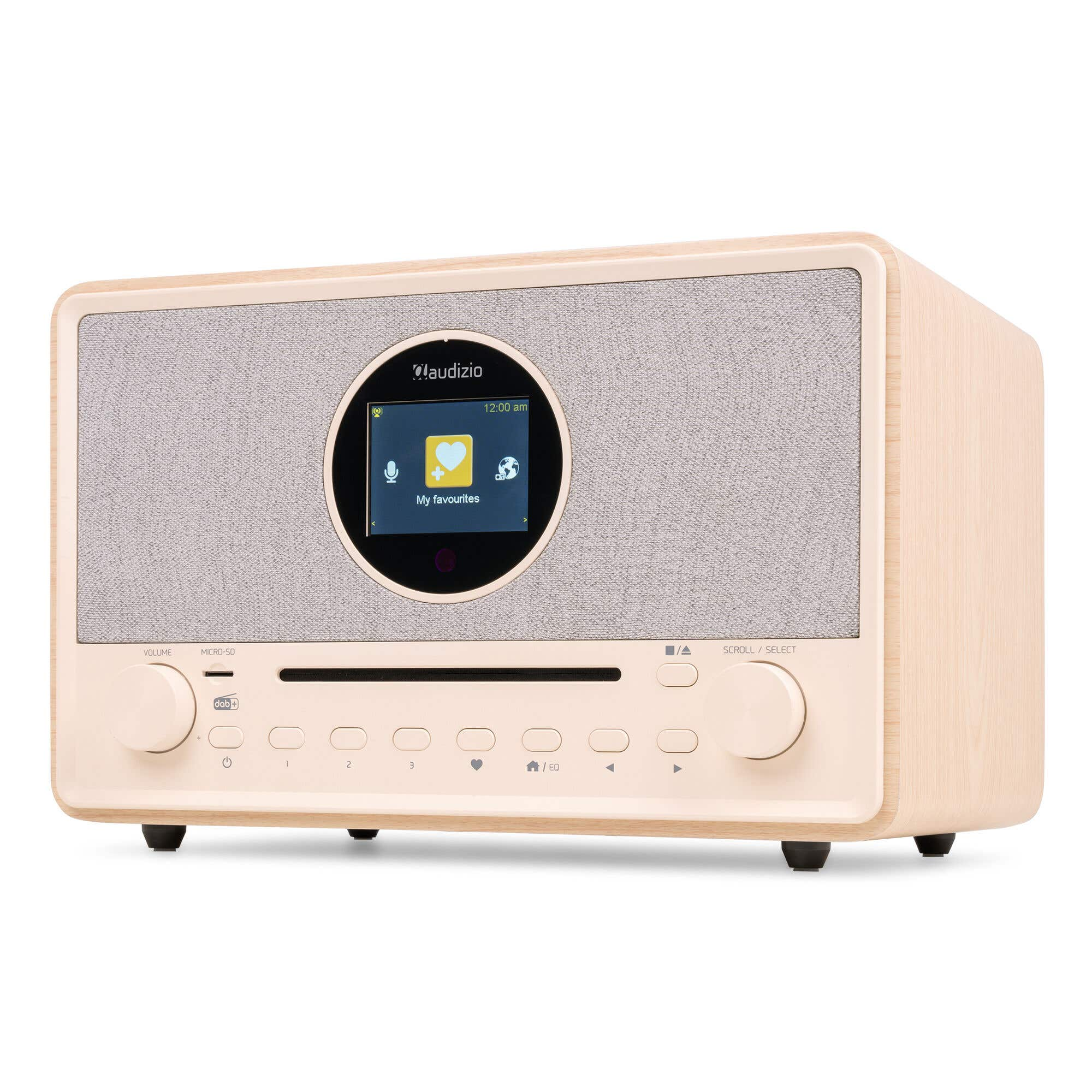 Holzfarbenes Audizio Radio mit Display, Knöpfen und Stoffbezug auf weißem Hintergrund.