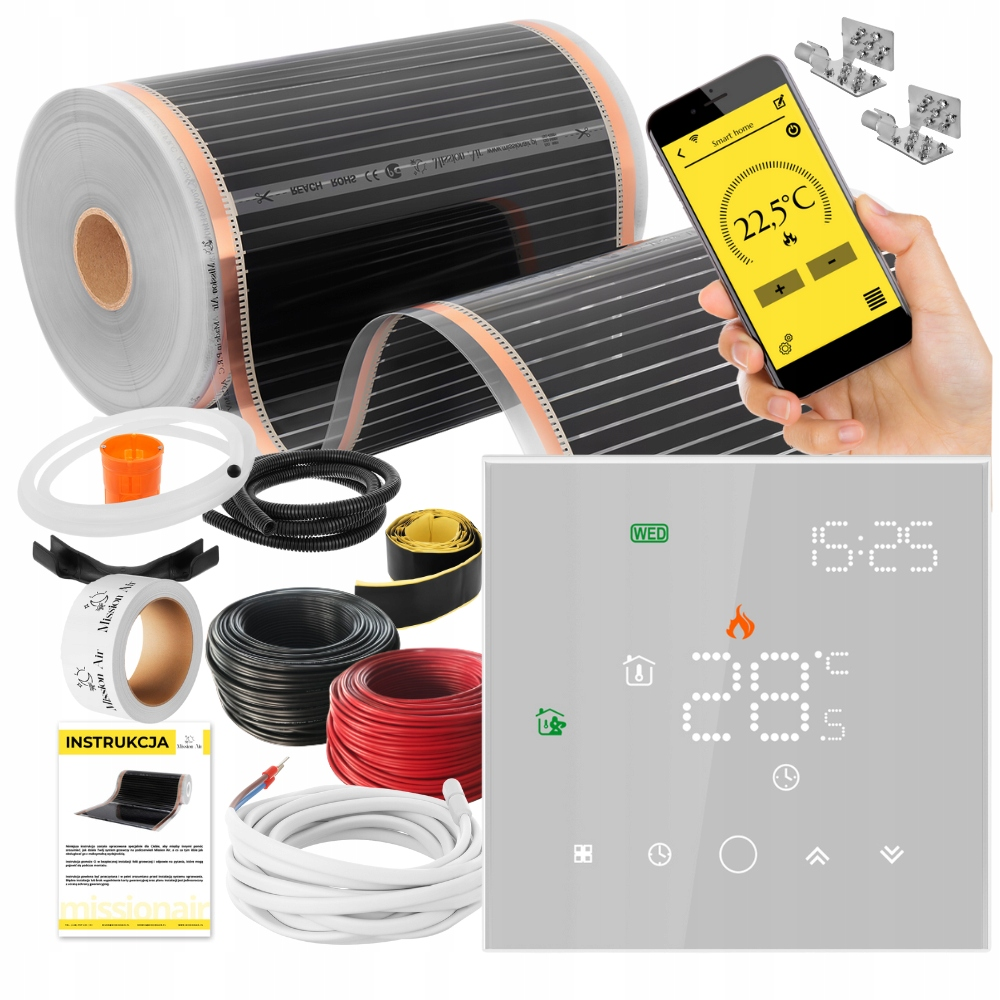 Rolka folii grzewczej, termostat, smartfon z aplikacją oraz akcesoria instalacyjne.