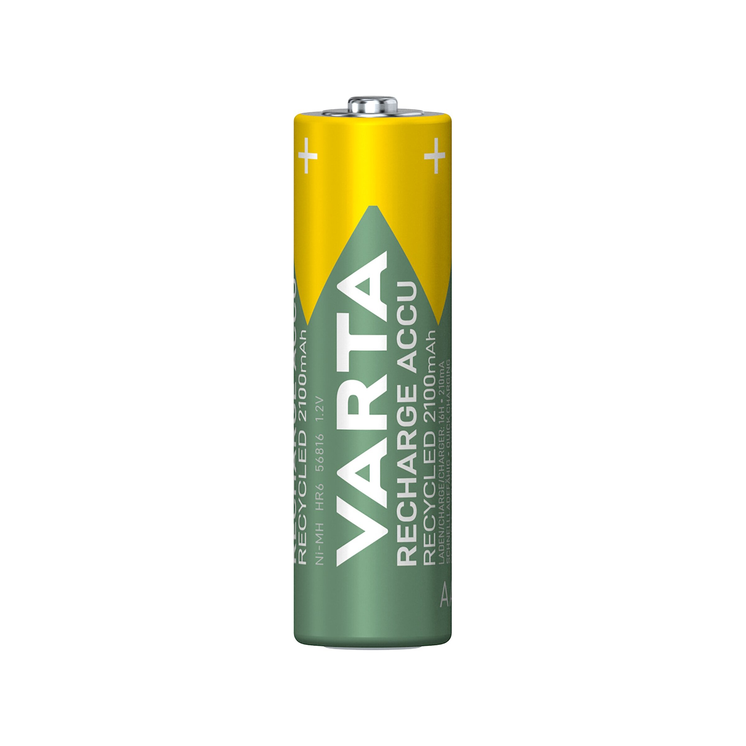 Ein gelb-grüner Varta AA-Akku mit weißem Text und Pluszeichen auf weißem Hintergrund.