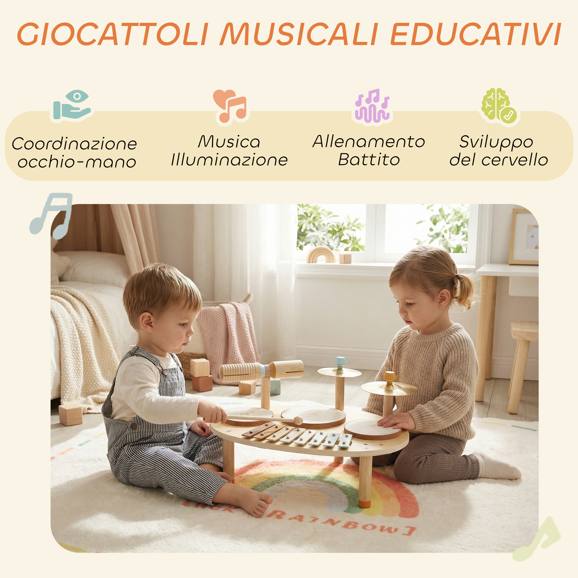 Due bambini giocano con strumenti musicali in legno su un tappeto arcobaleno.