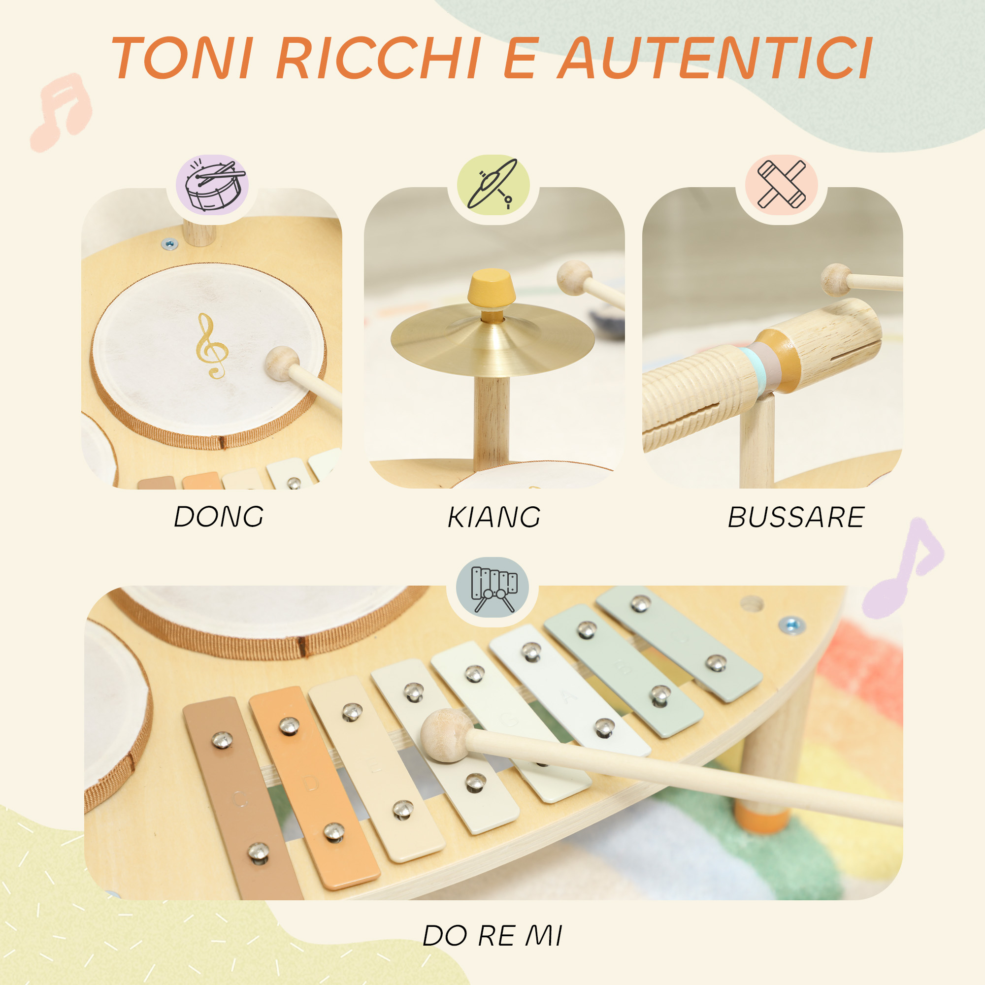 Un giocattolo musicale in legno con tamburo, piatto, guiro e xilofono.