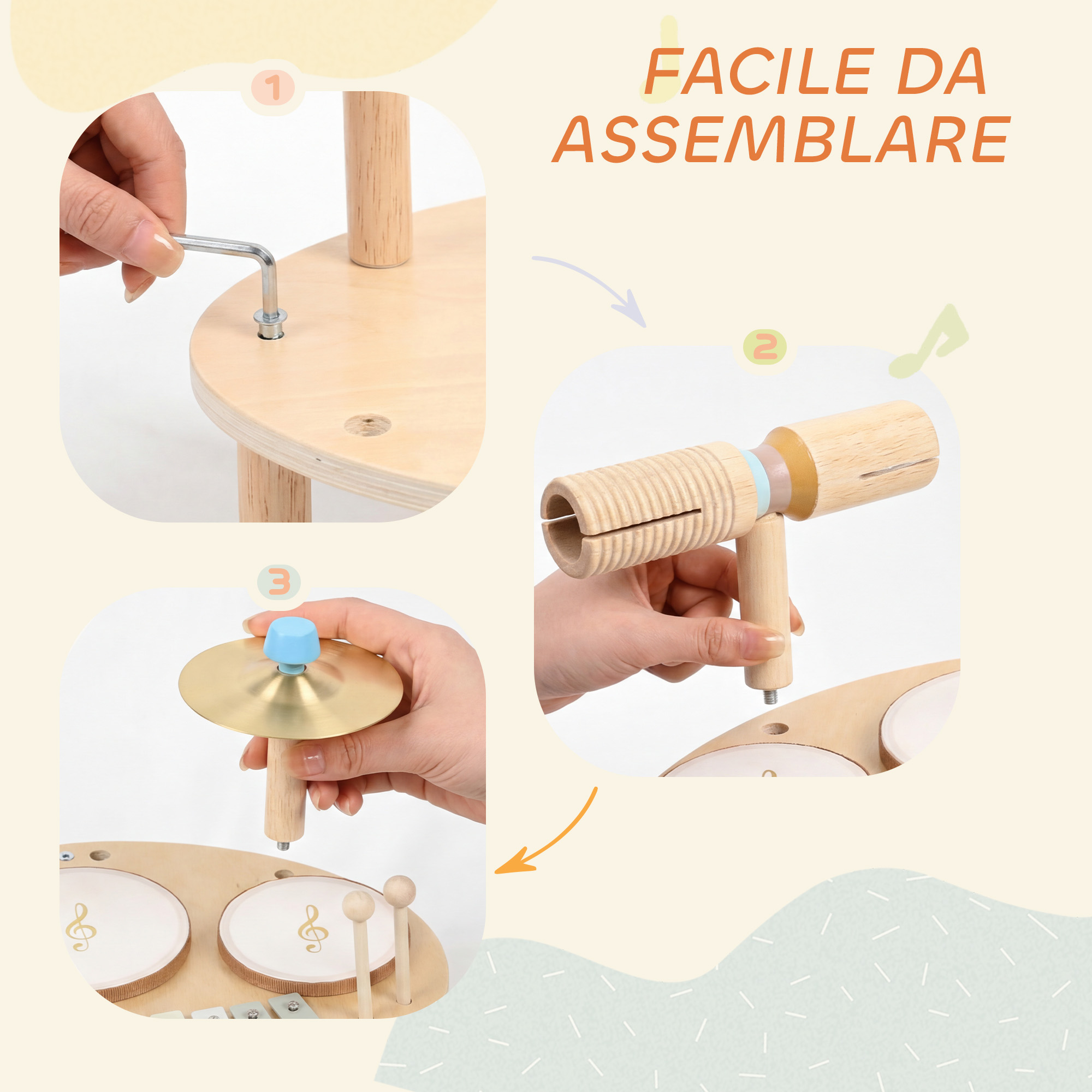 Tre passaggi mostrano come assemblare un set musicale in legno per bambini.