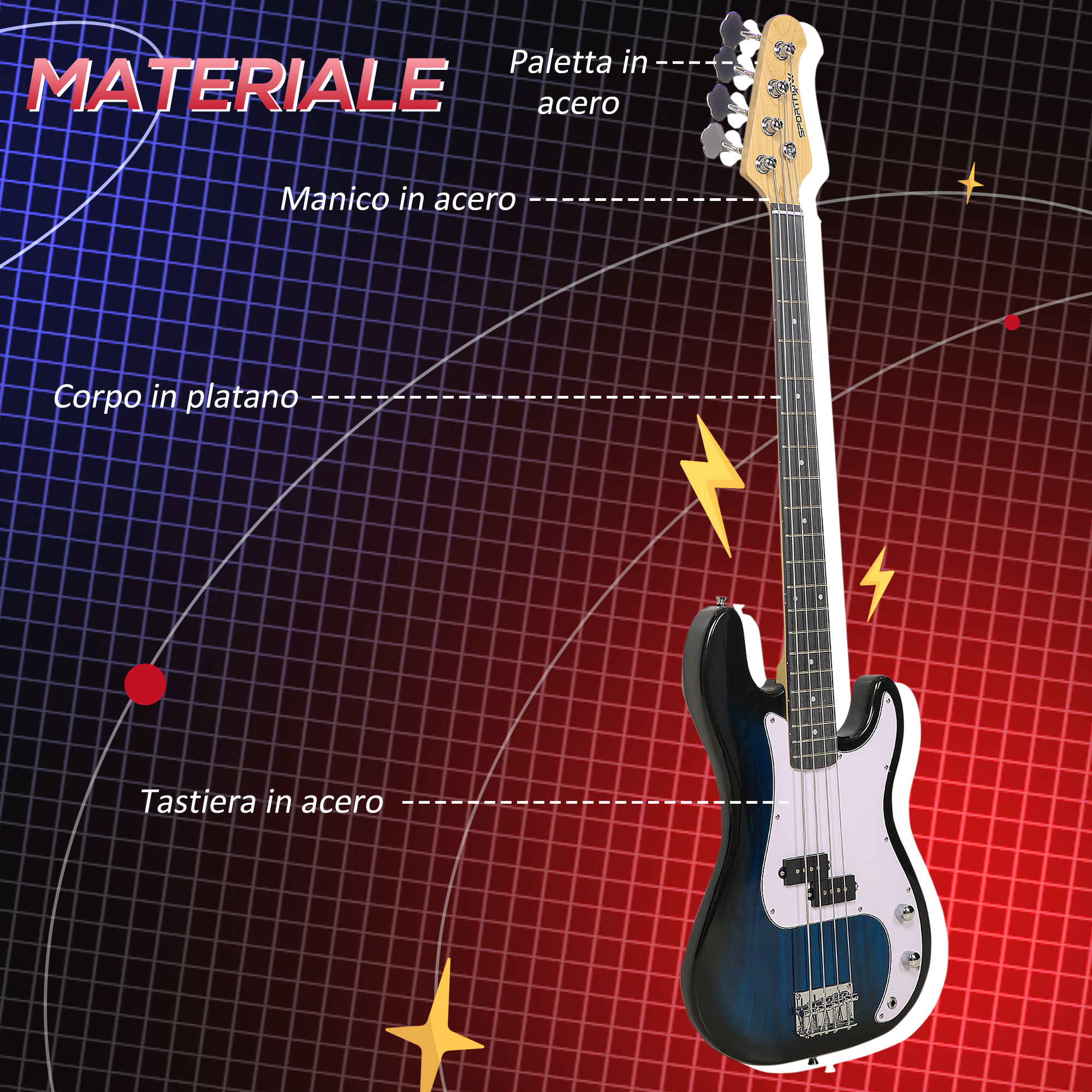 Basso elettrico su sfondo a griglia con testo in italiano sui materiali.