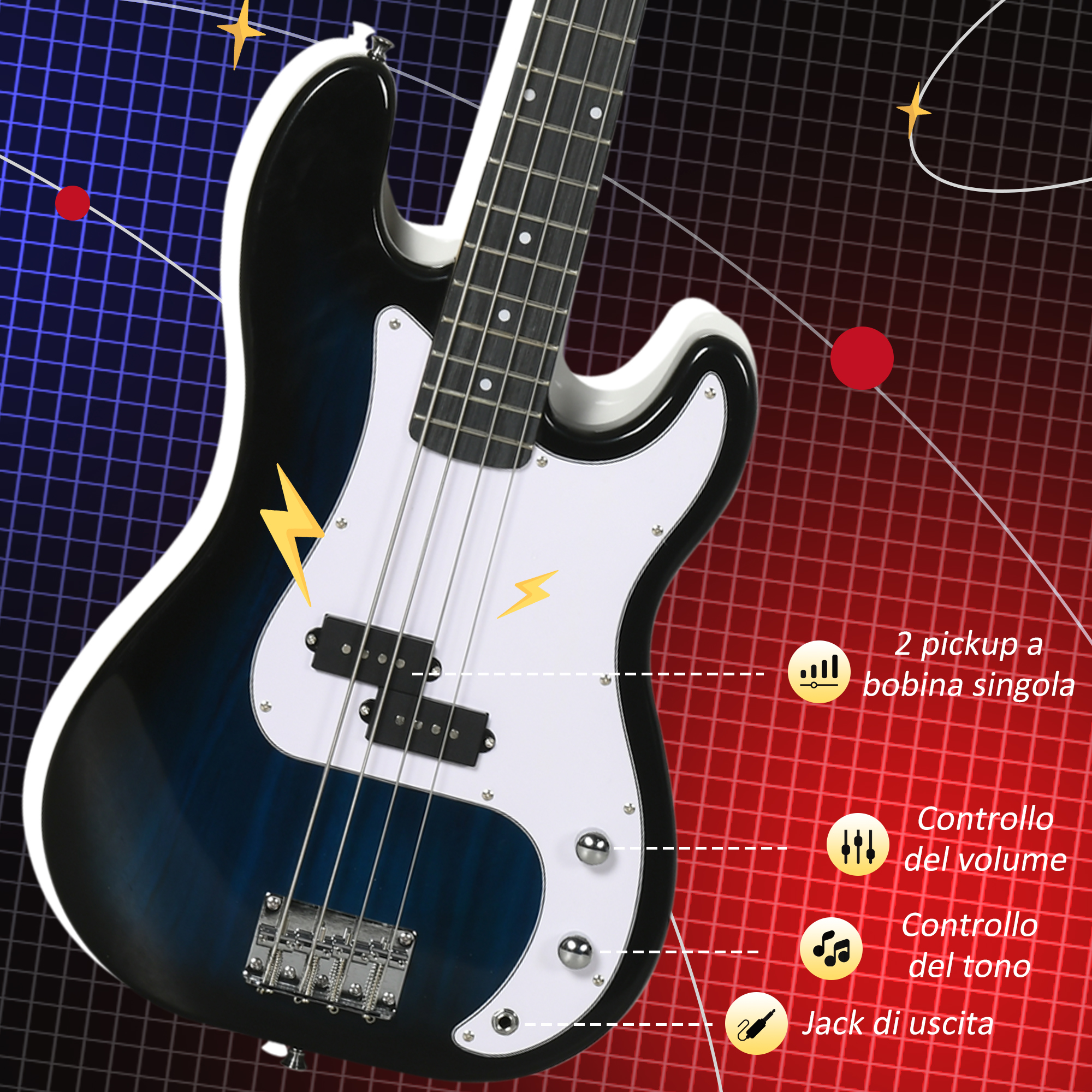 Basso elettrico blu su griglia rosso-blu con etichette in italiano che indicano pickup, volume, tono e jack d'uscita.