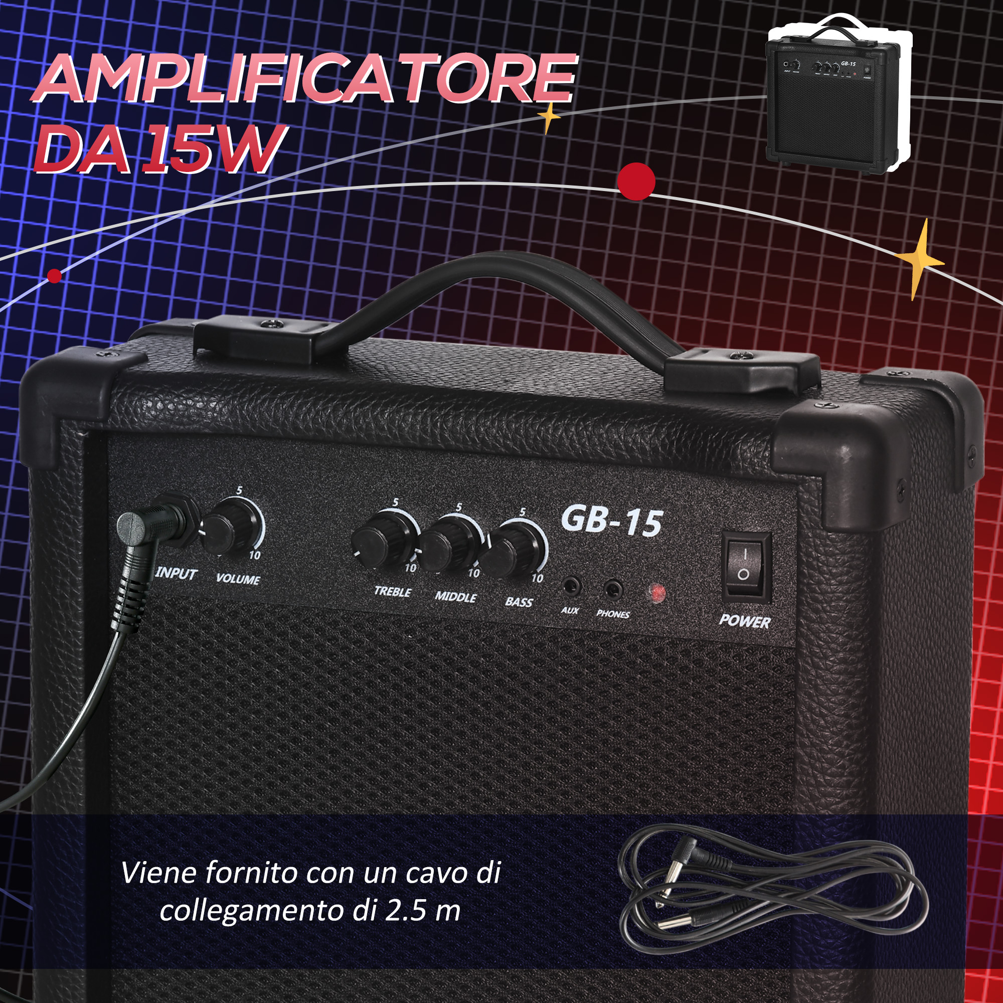 Un amplificatore per chitarra nero da 15W con manopole e interruttore su sfondo a griglia.