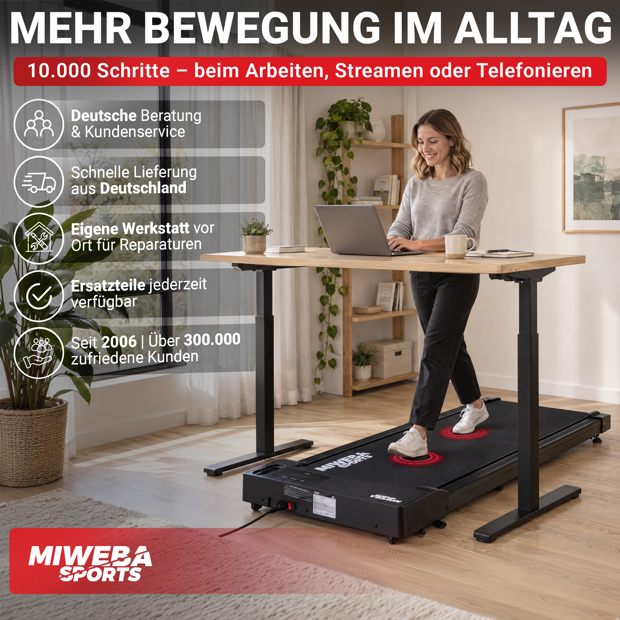 Eine Frau tippt auf einen Laptop und geht auf einem Laufband unter einem Stehpult in einem hellen Raum mit Text.