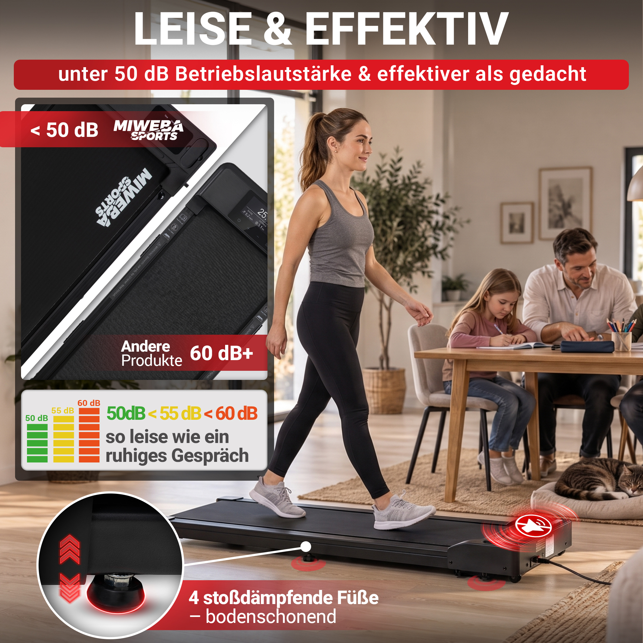 Eine Frau geht auf einem leisen Laufband im Wohnzimmer, während im Hintergrund eine Familie am Tisch sitzt.